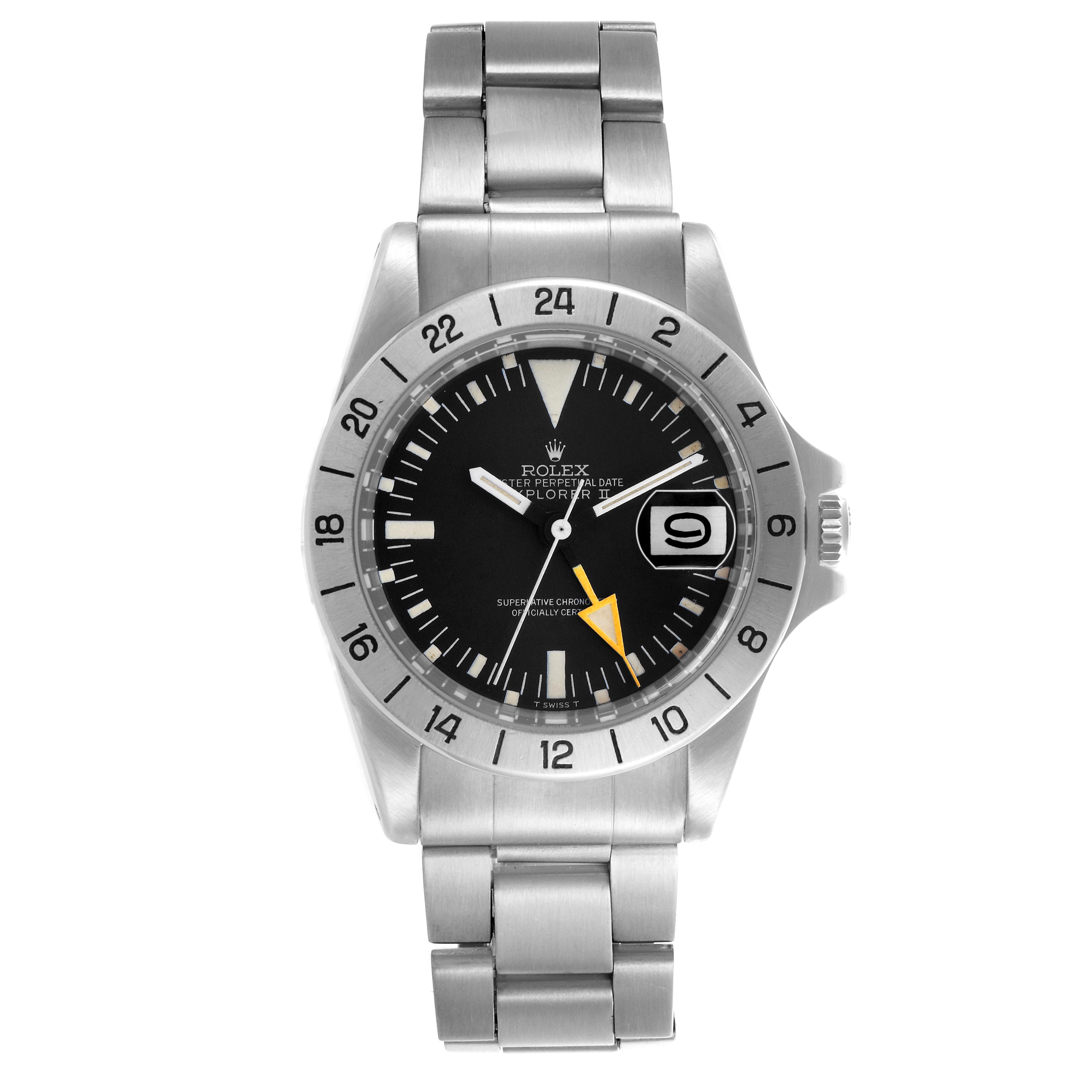 The Rolex Explorer 1655 Men
s Stainless Steel Black Dial 1655 Men
s Stainless Steel Black Dial watch is shown from a front angle, displaying the dial, bezel, hands, bracelet, and crown.