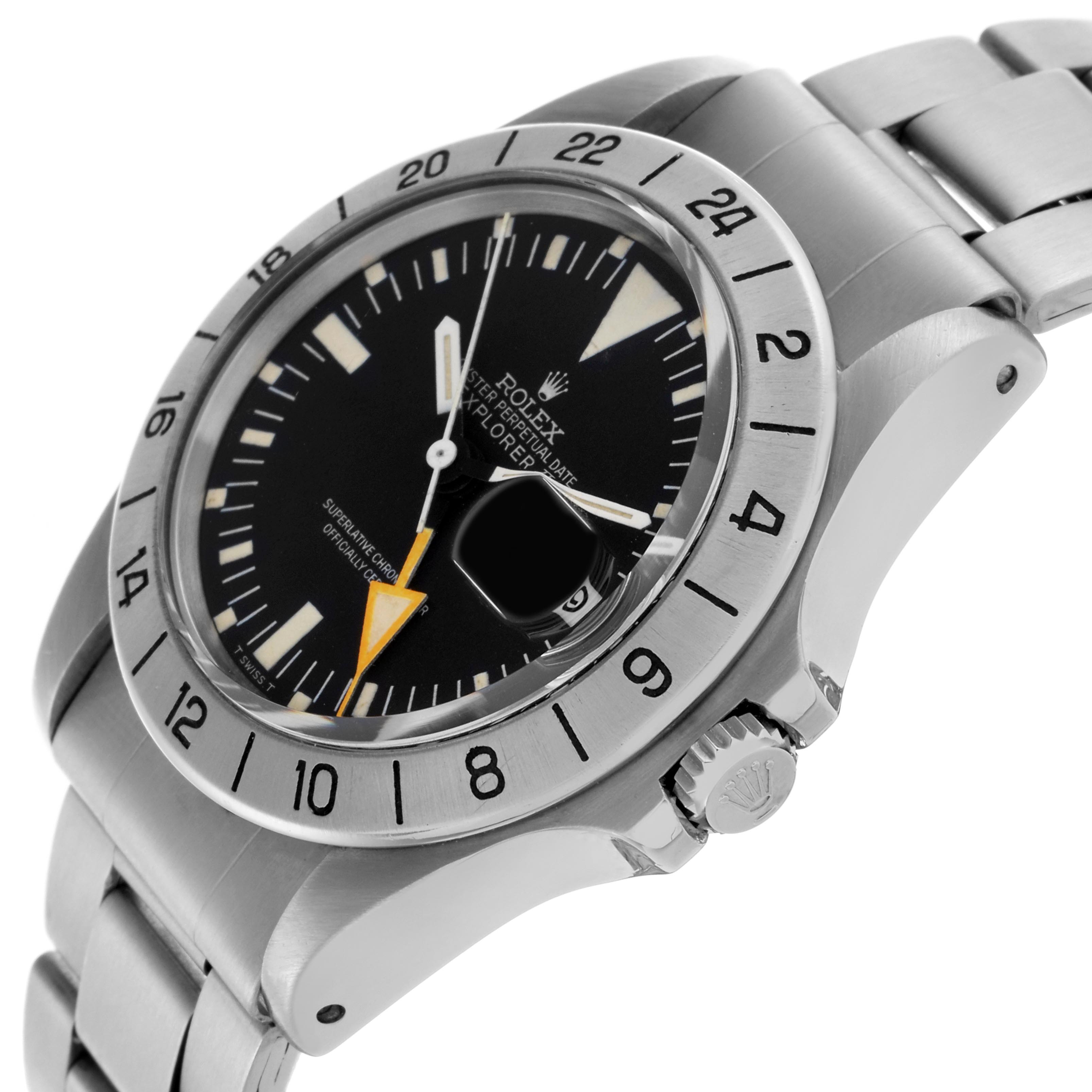 The Rolex Explorer 1655 Men
s Stainless Steel Black Dial 1655 Men
s Stainless Steel Black Dial watch is shown at an angle highlighting the dial, bezel, crown, and part of the bracelet.