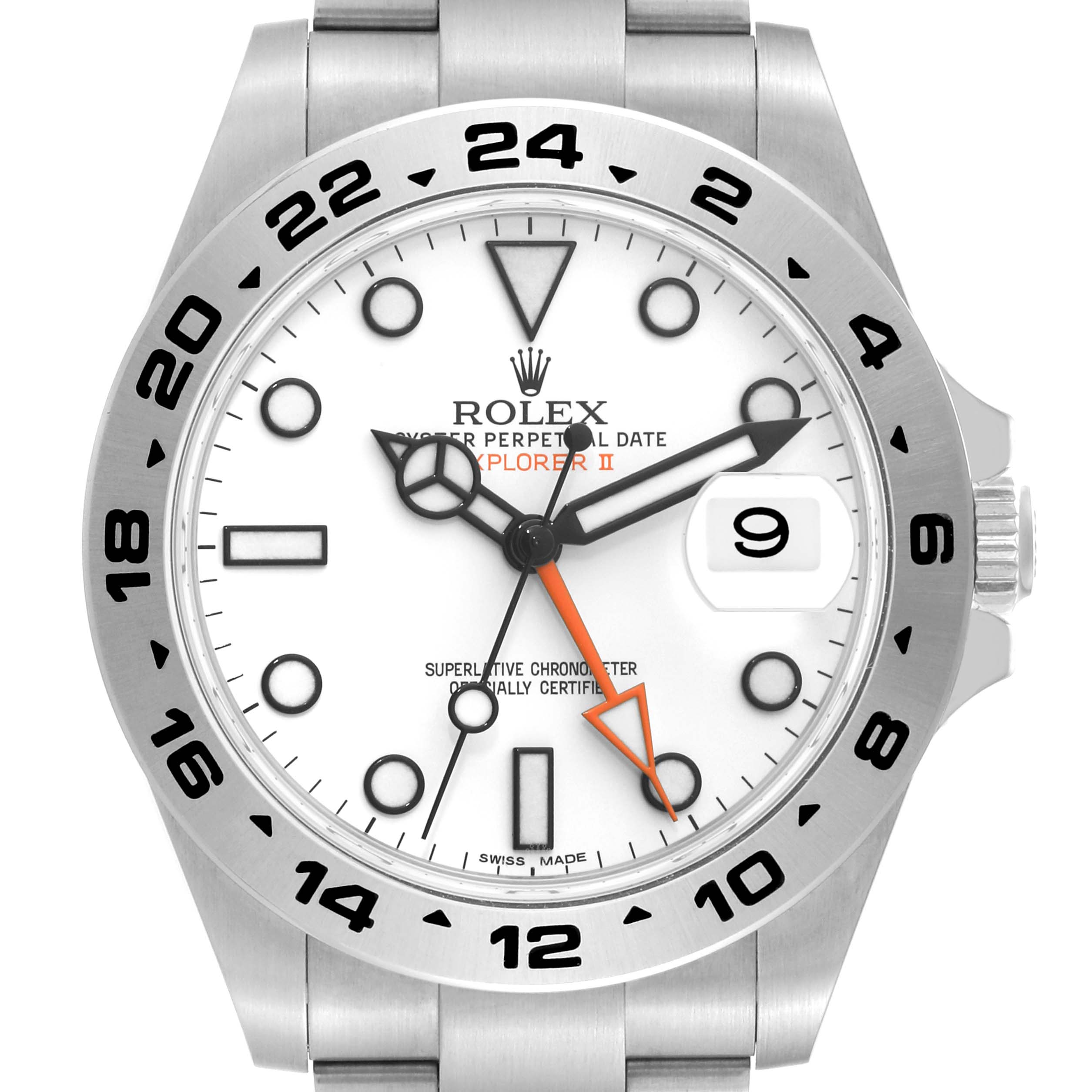 This image shows a front view of the Rolex Explorer 216570 Men
s Stainless Steel White Dial 216570 Men
s Stainless Steel White Dial watch, highlighting the dial, hands, date window, and bezel.