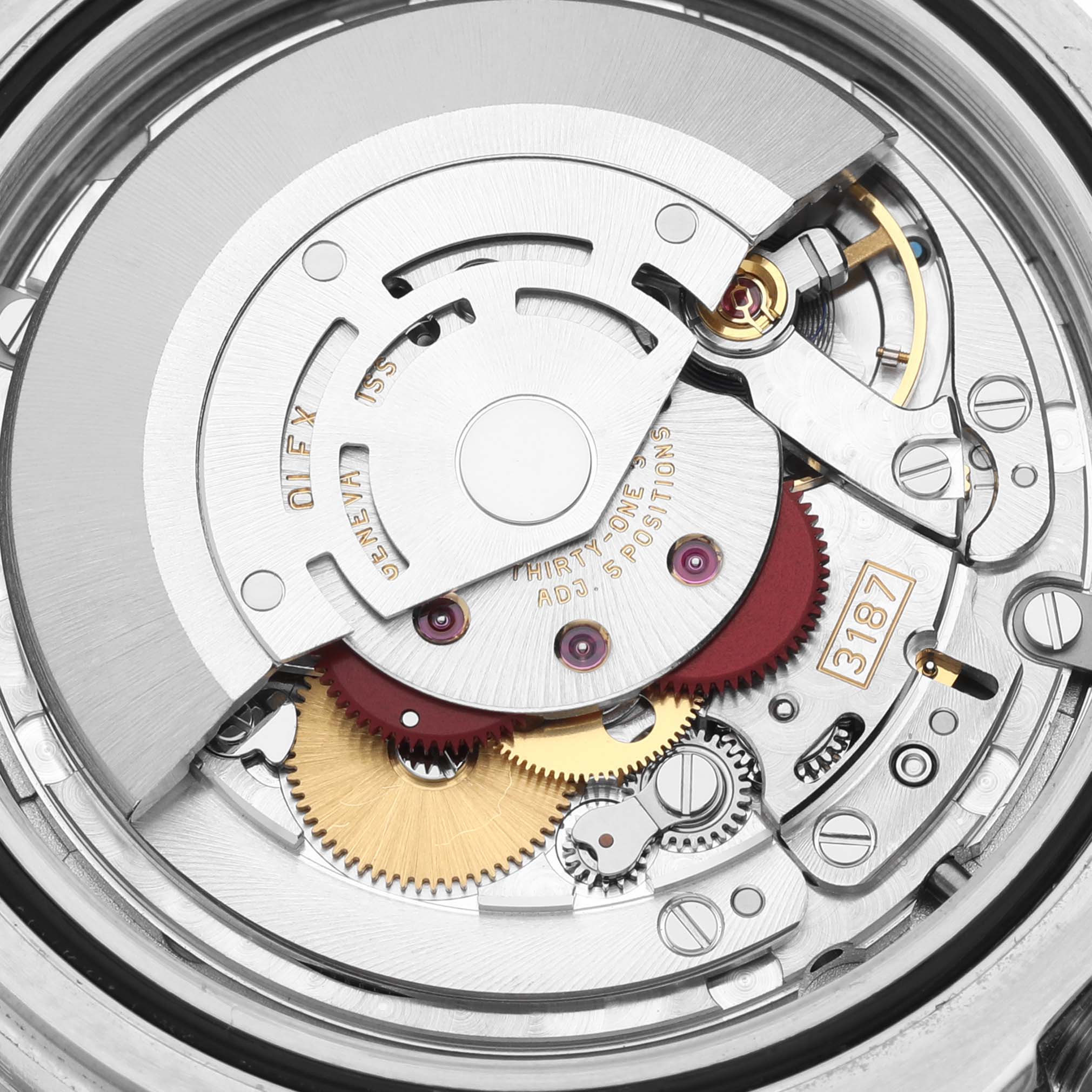 This image shows a close-up view of the movement mechanism inside a Rolex Explorer 216570 Men
s Stainless Steel White Dial 216570 Men
s Stainless Steel White Dial watch.