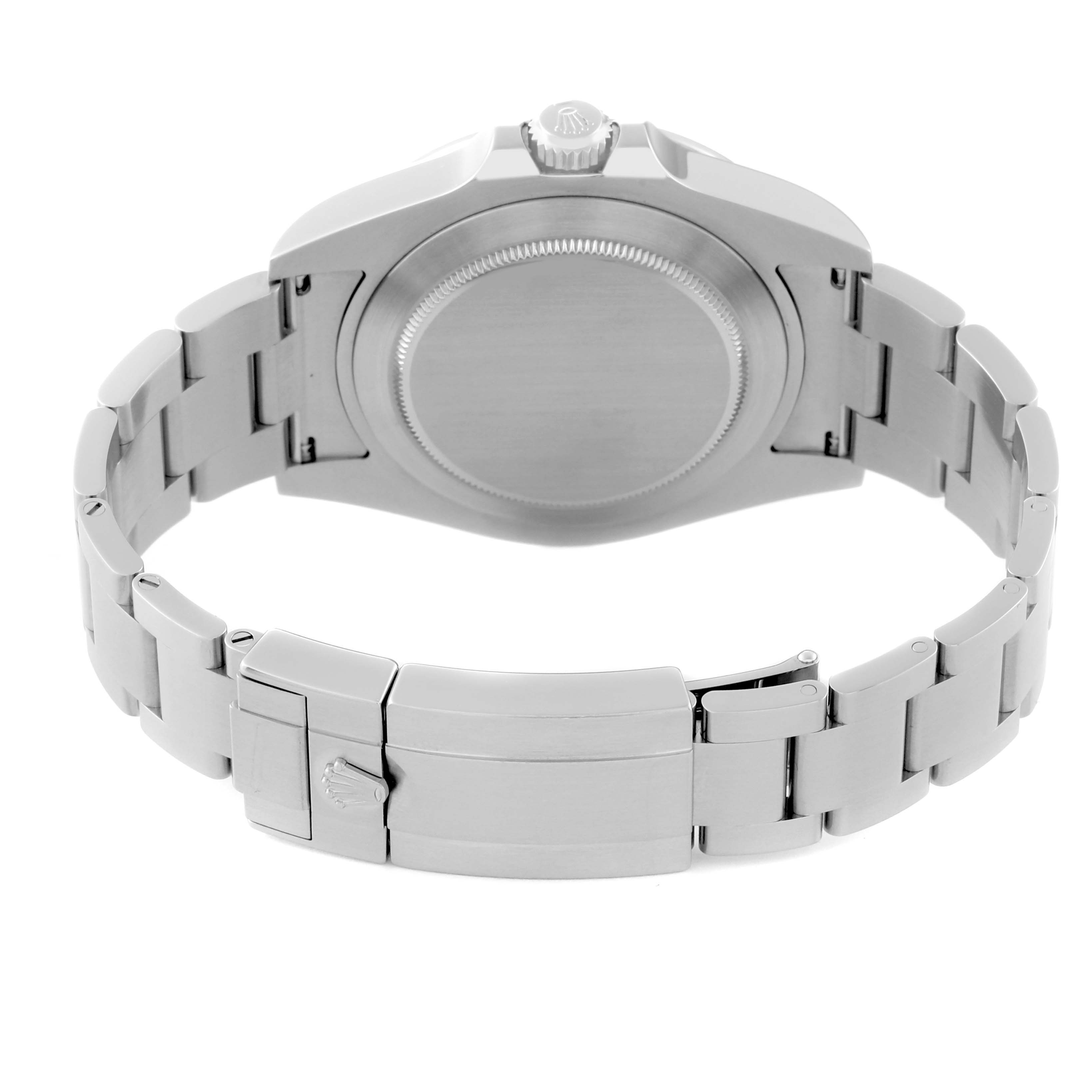 The image shows the back view of a Rolex Explorer 216570 Men
s Stainless Steel White Dial 216570 Men
s Stainless Steel White Dial watch, highlighting its case back, bracelet, and clasp.