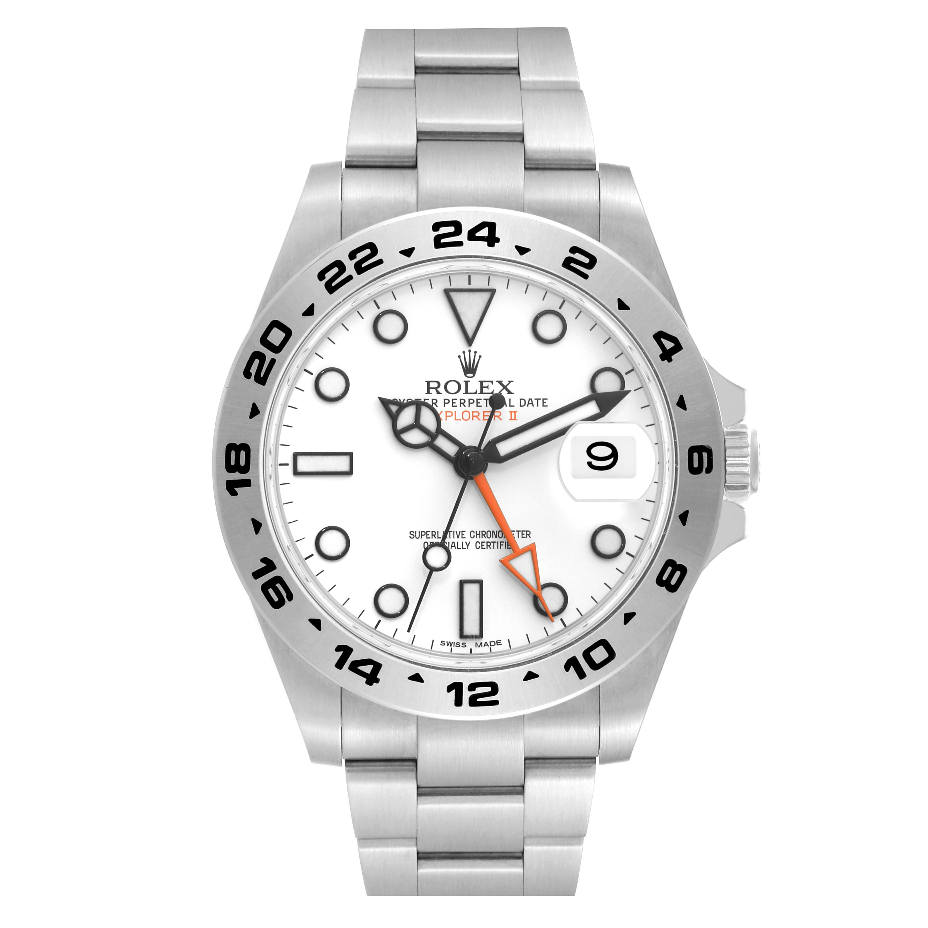 The image shows a front view of the Rolex Explorer 216570 Men
s Stainless Steel White Dial 216570 Men
s Stainless Steel White Dial watch, highlighting its dial, bezel, and bracelet.