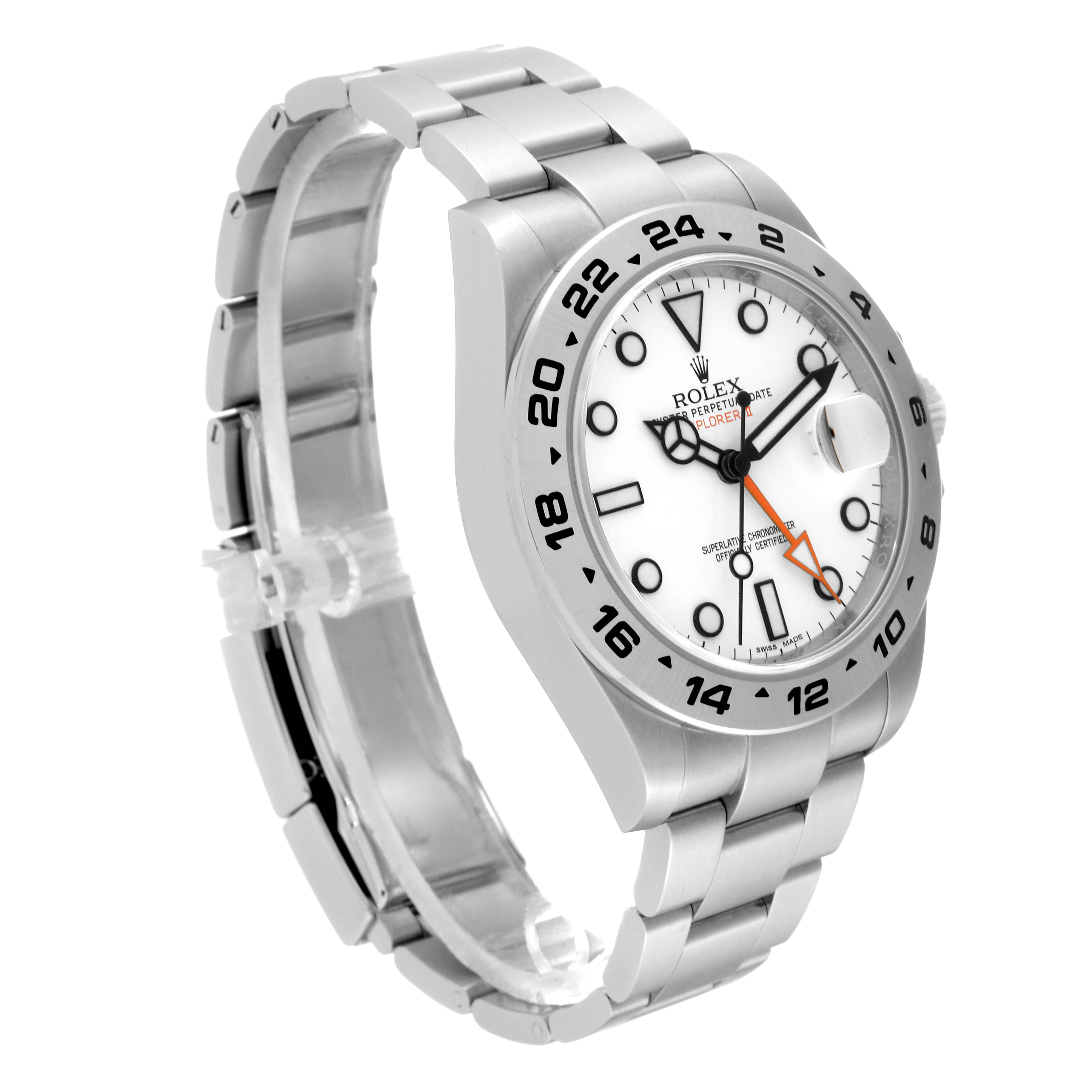This image shows a side view of a Rolex Explorer 216570 Men
s Stainless Steel White Dial 216570 Men
s Stainless Steel White Dial watch displaying its face, bezel, and bracelet.