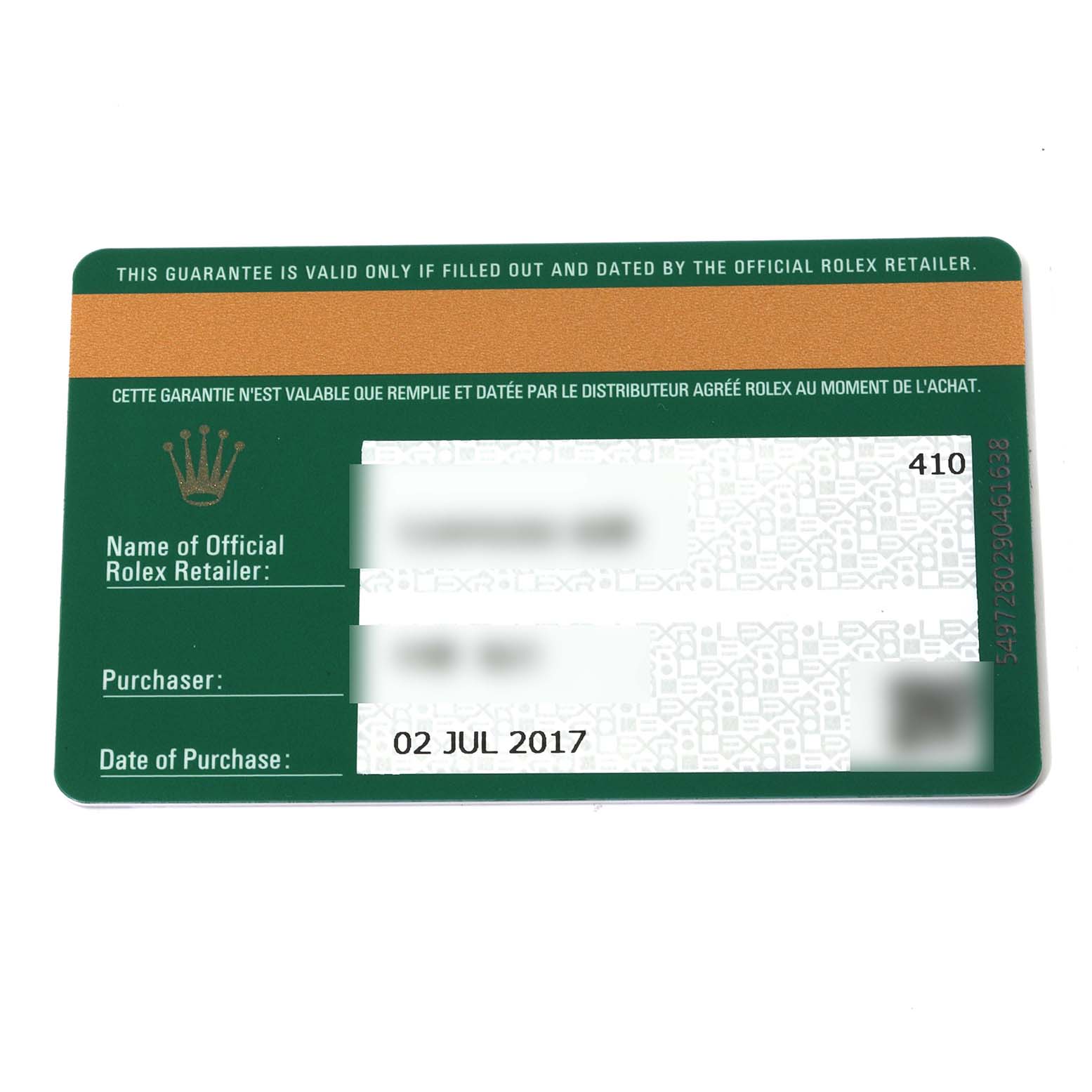 This image shows a guarantee card for the Rolex Explorer 216570 Men
s Stainless Steel White Dial 216570 Men
s Stainless Steel White Dial model, displaying purchase information and the official retailer
s details.