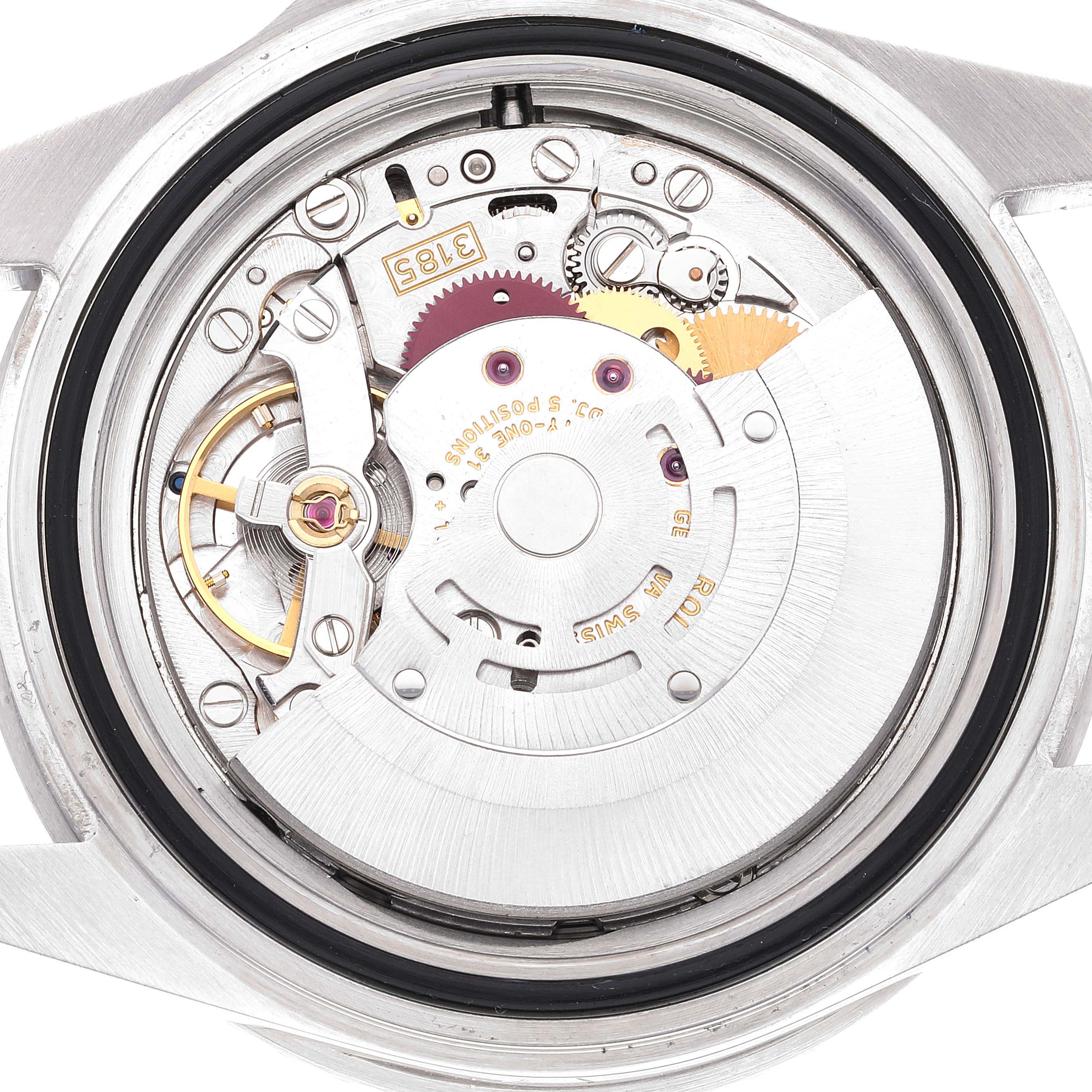 The image shows the inner mechanical movement of a Rolex GMT-Master 16710 Men
s Stainless Steel Black Dial 16710 Men
s Stainless Steel Black Dial watch from a rear angle with the case back removed.