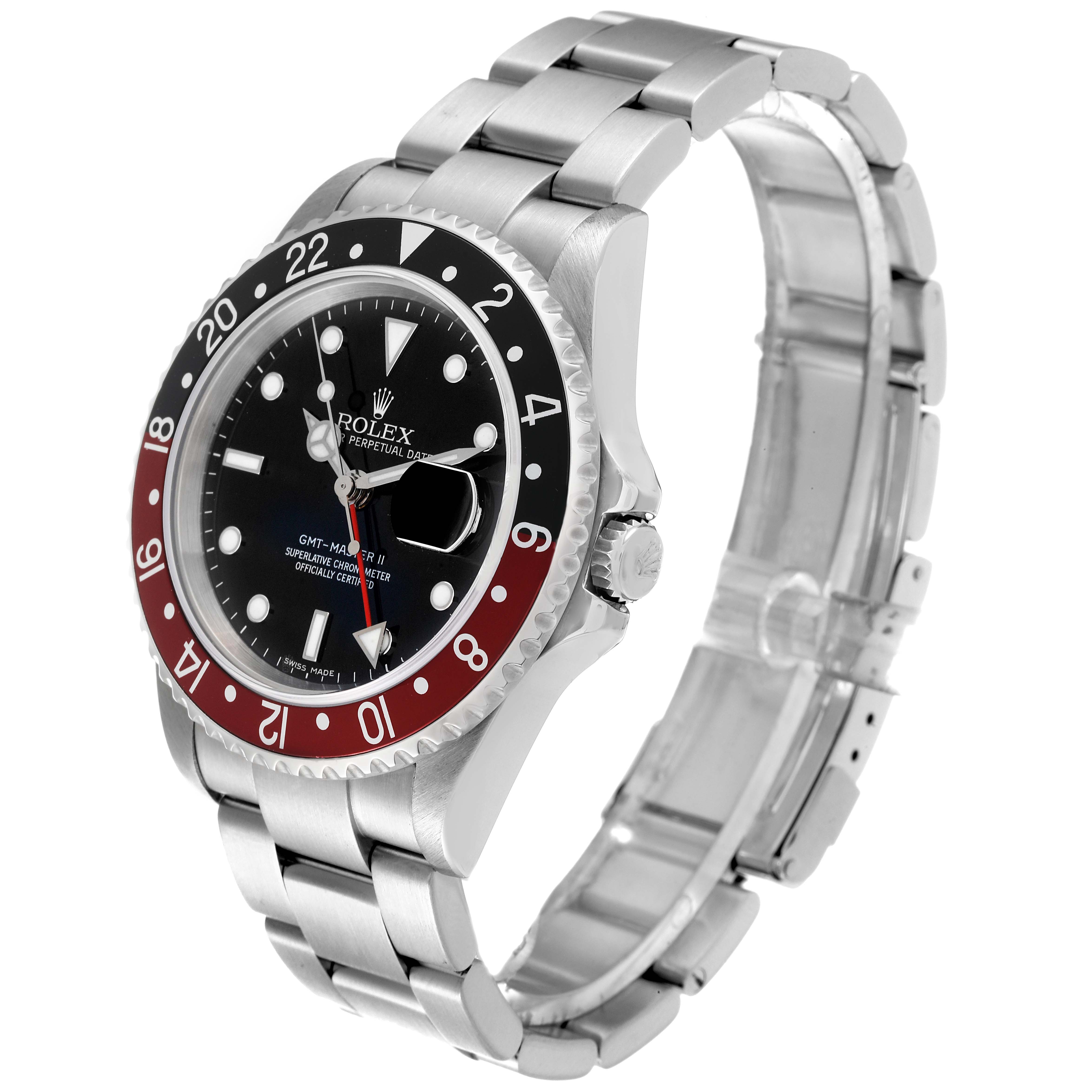 This image shows the Rolex GMT-Master 16710 Men
s Stainless Steel Black Dial 16710 Men
s Stainless Steel Black Dial watch at a three-quarter angle, displaying its face, bezel, case, and bracelet.