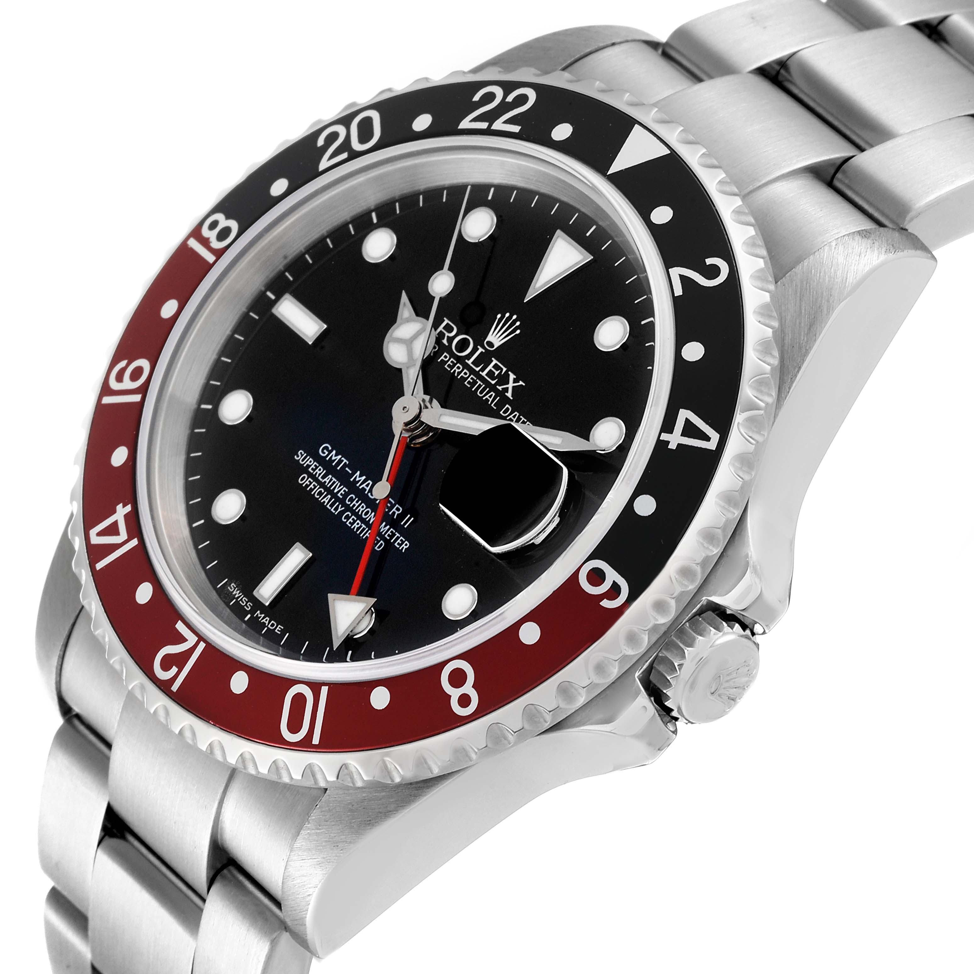 The image shows a close-up, angled view of a Rolex GMT-Master 16710 Men
s Stainless Steel Black Dial 16710 Men
s Stainless Steel Black Dial watch, highlighting the dial, bezel, and part of the bracelet.