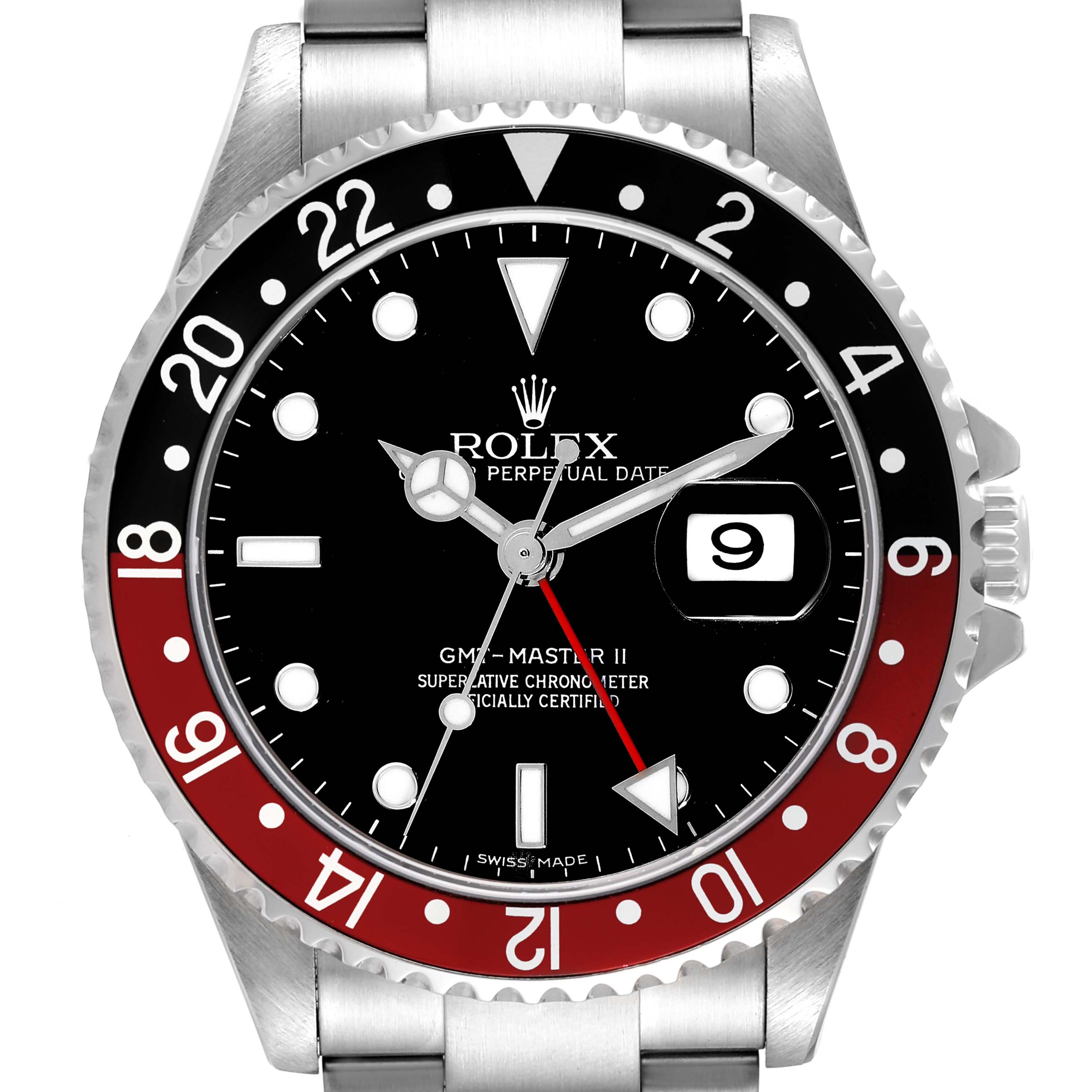 The image shows a front view of a Rolex GMT-Master 16710 Men
s Stainless Steel Black Dial 16710 Men
s Stainless Steel Black Dial II watch, highlighting the dial, bezel, and part of the bracelet.