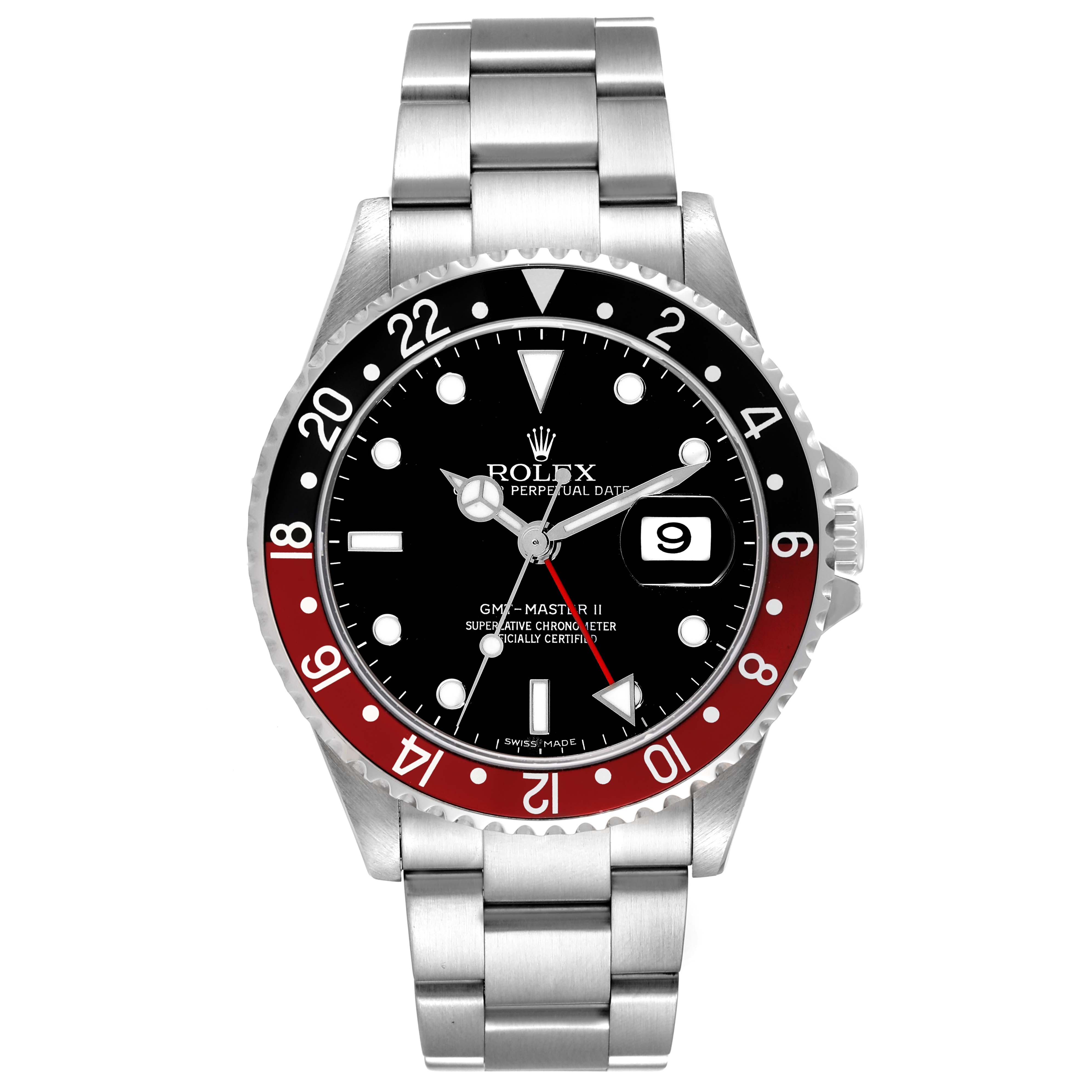 The Rolex GMT-Master 16710 Men
s Stainless Steel Black Dial 16710 Men
s Stainless Steel Black Dial model is shown from a front angle, displaying the face, bezel, hands, date window, and bracelet.