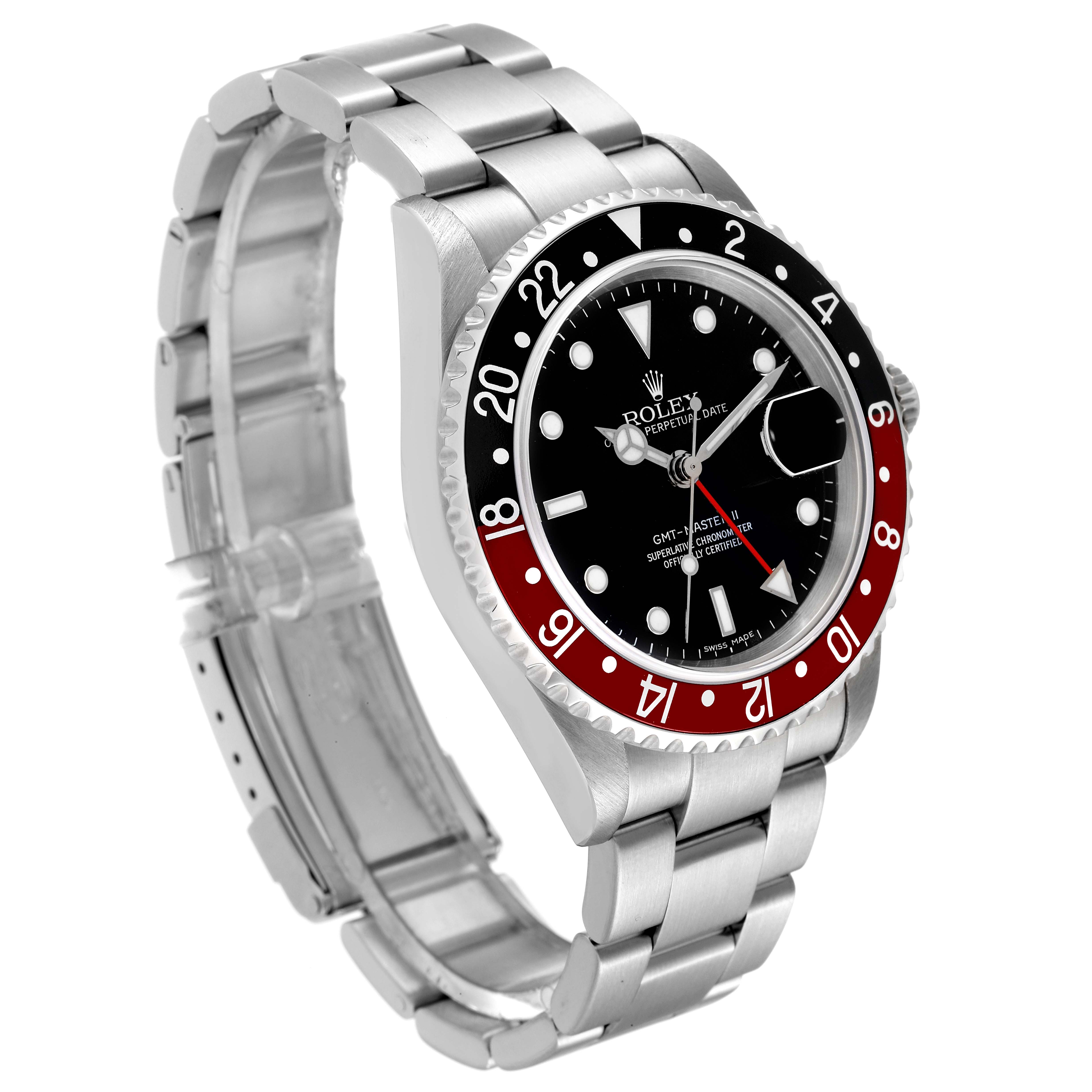 This is a side-angle view of the Rolex GMT-Master 16710 Men
s Stainless Steel Black Dial 16710 Men
s Stainless Steel Black Dial watch, showing the face, bezel, hour markers, and stainless steel bracelet.