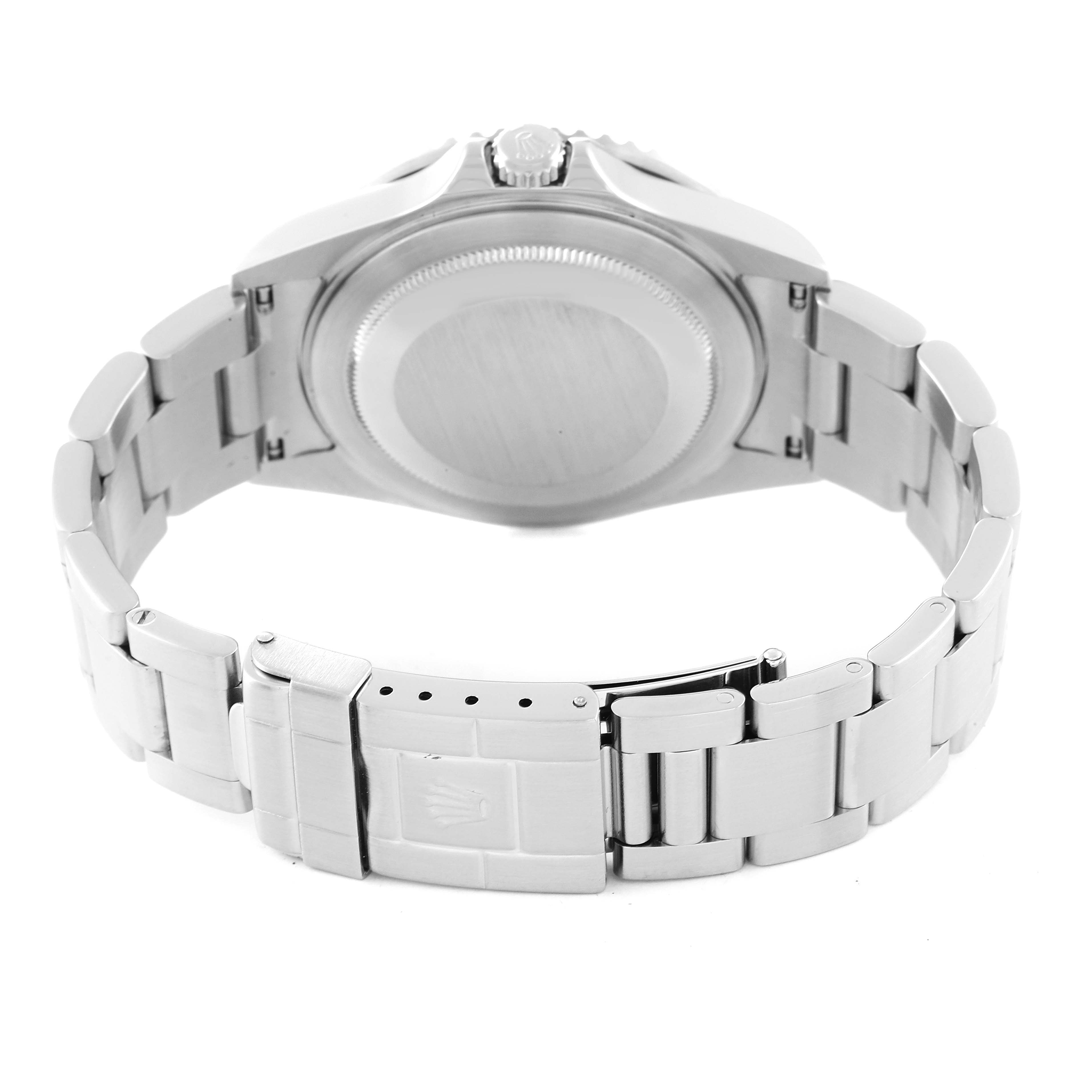 This image shows the case back, bracelet, and clasp of a Rolex GMT-Master 16710 Men
s Stainless Steel Black Dial 16710 Men
s Stainless Steel Black Dial watch from a rear angle.