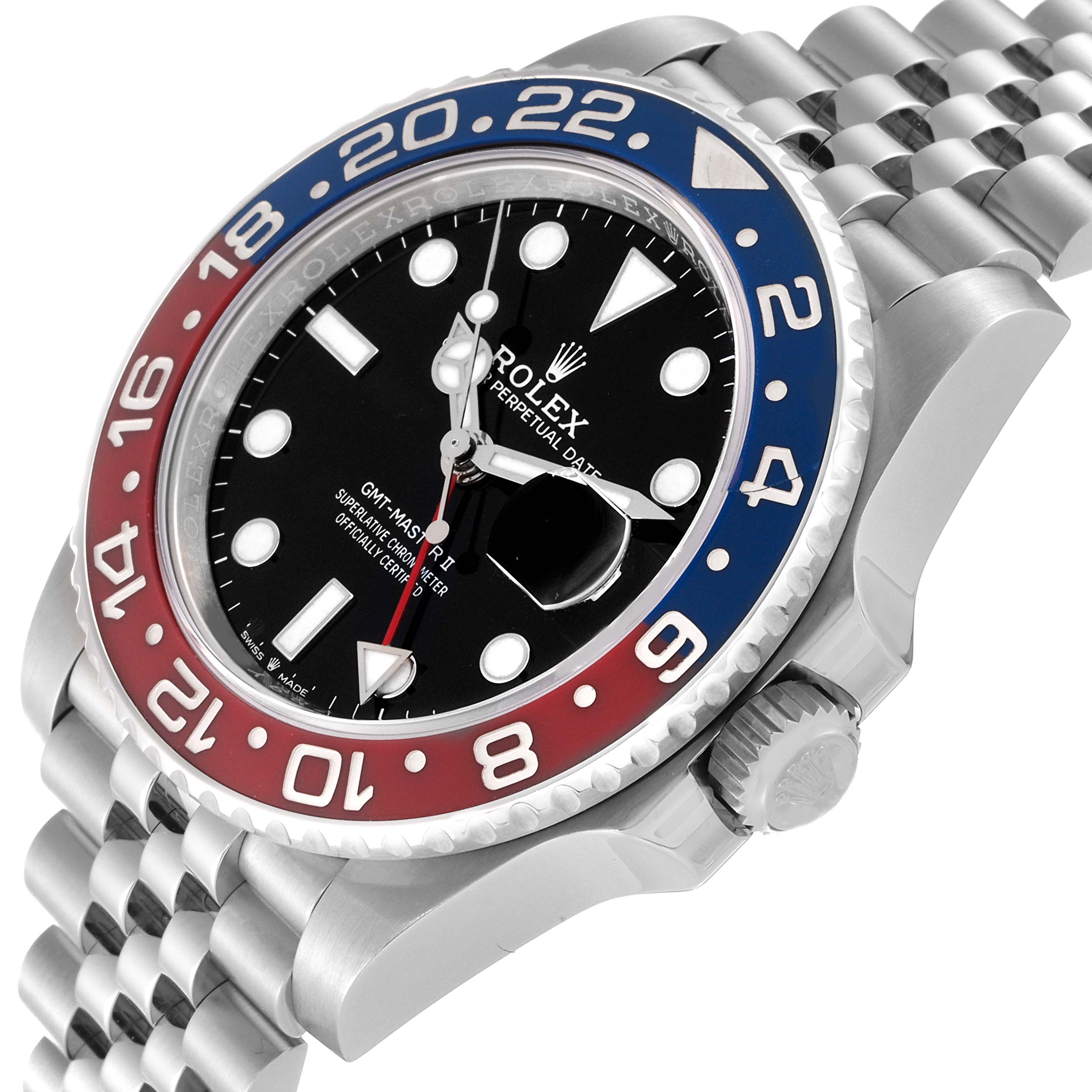 This image shows a close-up angle of the Rolex GMT-Master 126710BLRO Men's Stainless Steel Black Dial 126710BLRO Men's Stainless Steel Black Dial II, focusing on the bezel, dial, and Jubilee bracelet.