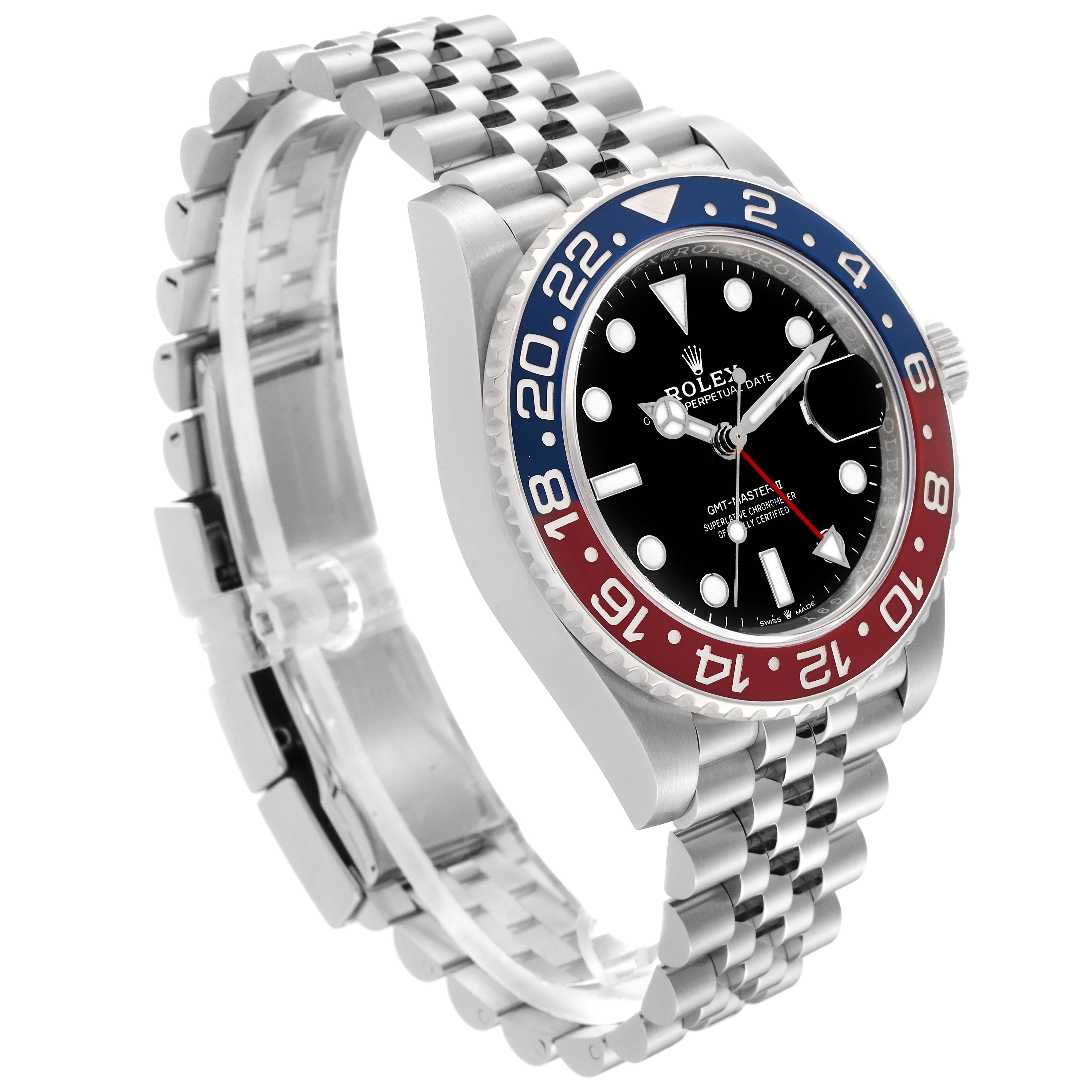The image shows a side view of a Rolex GMT-Master 126710BLRO Men's Stainless Steel Black Dial 126710BLRO Men's Stainless Steel Black Dial watch displaying the bezel, face, and bracelet.