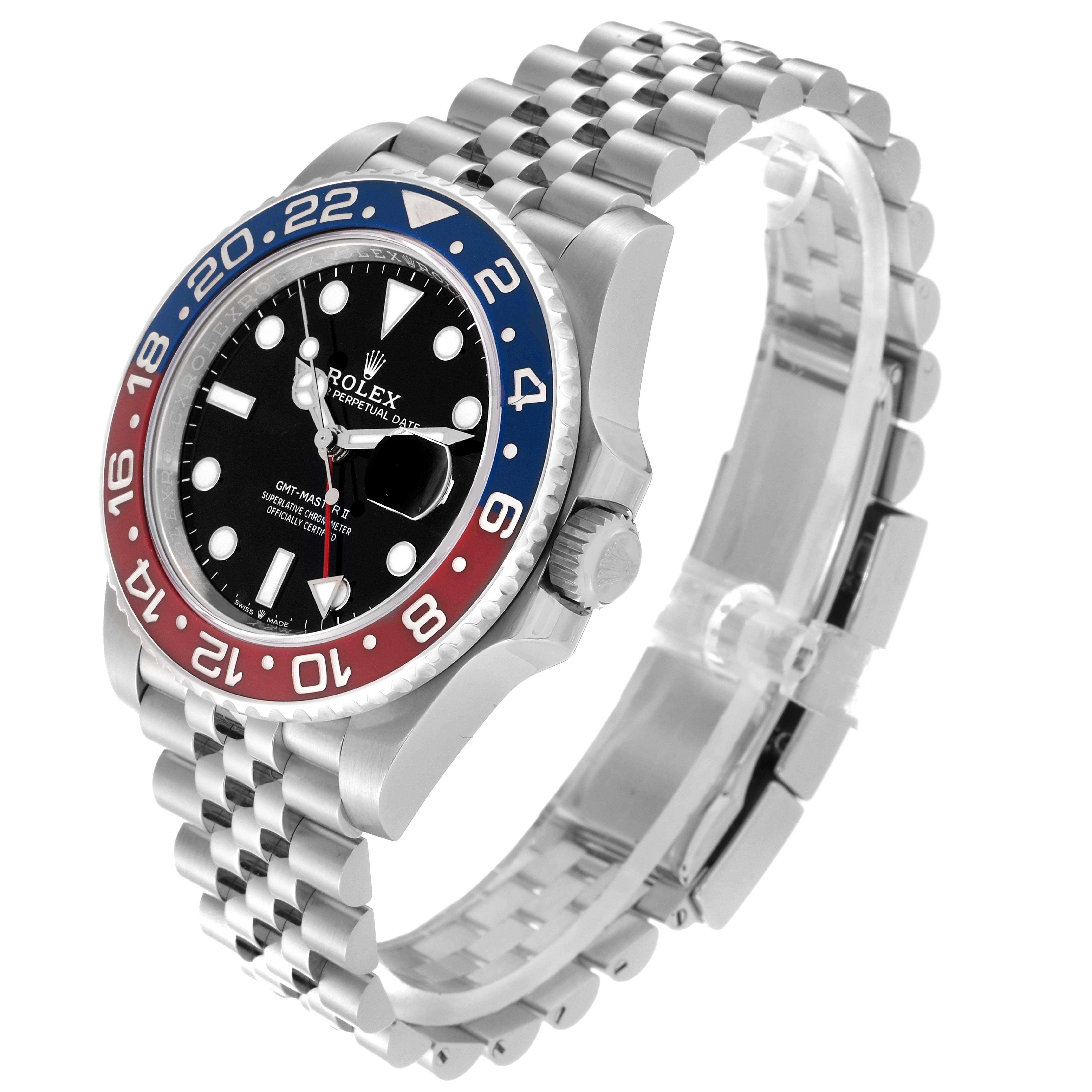 This image shows a side angle of a Rolex GMT-Master 126710BLRO Men's Stainless Steel Black Dial 126710BLRO Men's Stainless Steel Black Dial watch displaying its black dial, bezel, crown, and Jubilee bracelet.