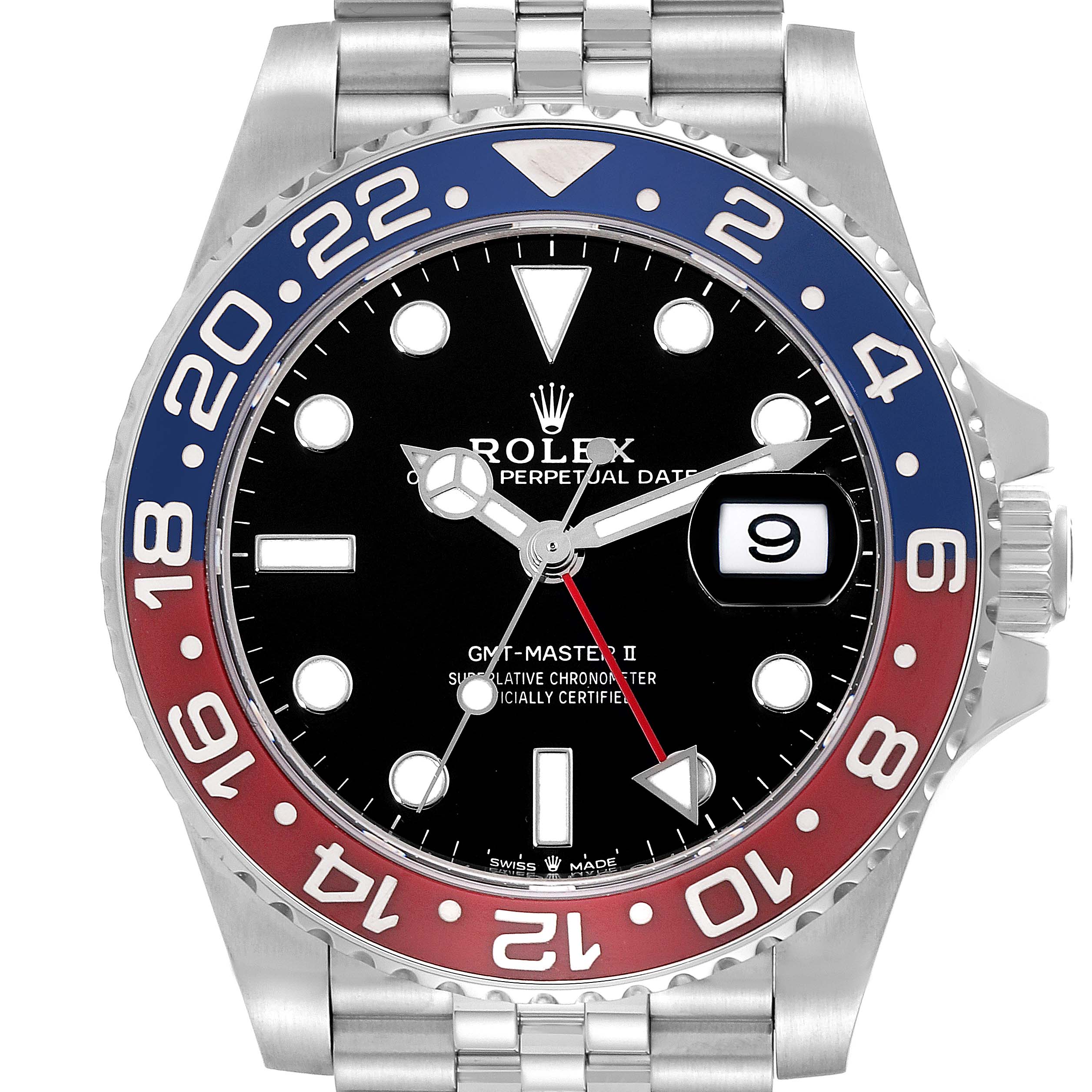 The image shows a front-angle view of the Rolex GMT-Master 126710BLRO Men's Stainless Steel Black Dial 126710BLRO Men's Stainless Steel Black Dial II, highlighting the face, bezel, crown, and part of the bracelet.