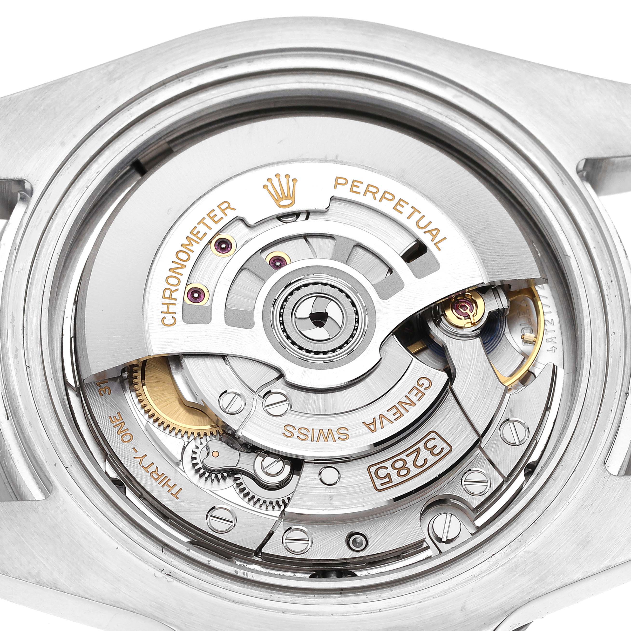 This image shows the intricate internal mechanism and movement of the Rolex GMT-Master 126710BLRO Men's Stainless Steel Black Dial 126710BLRO Men's Stainless Steel Black Dial watch from a back angle.