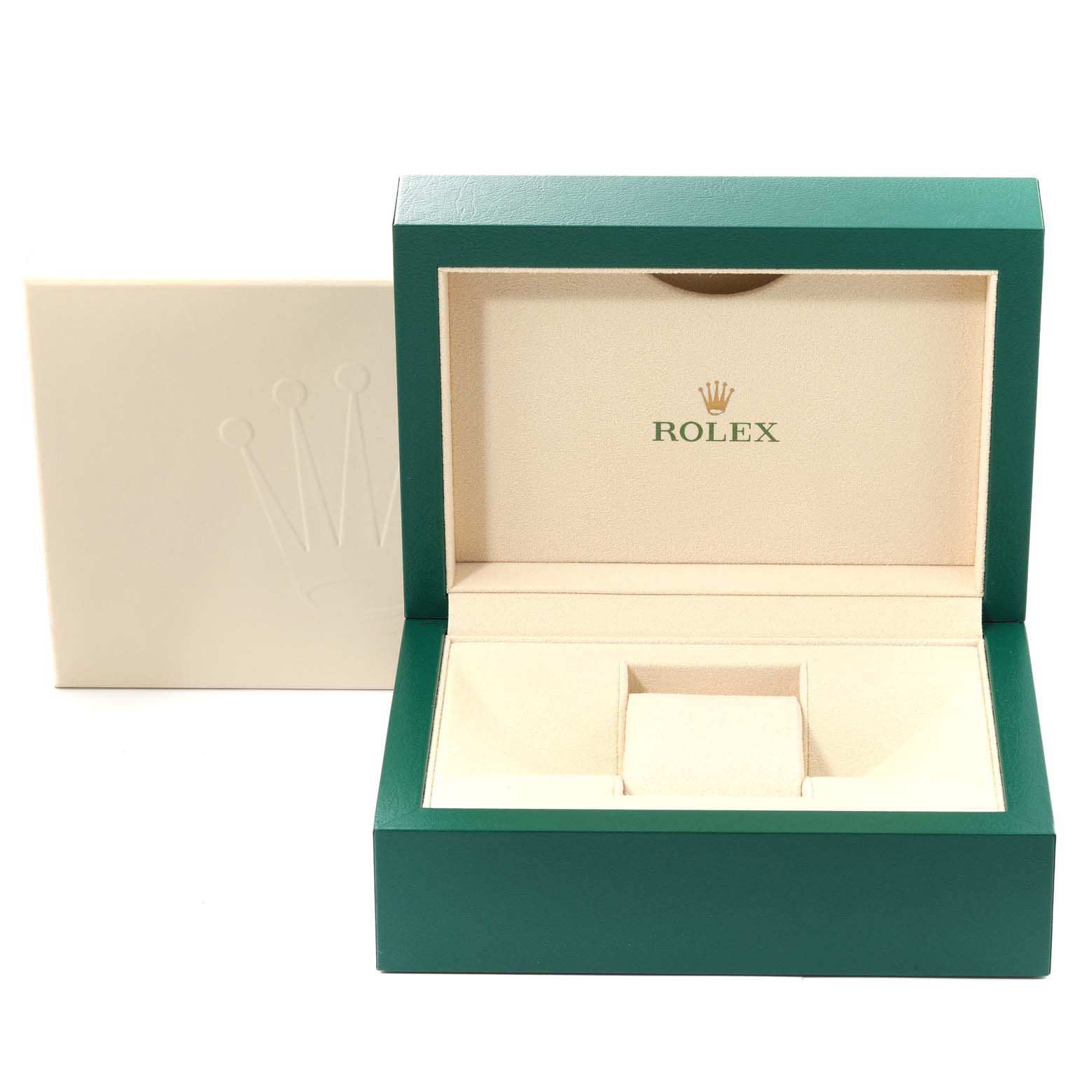 This image shows the open box of a Rolex GMT-Master 126710BLRO Men's Stainless Steel Black Dial 126710BLRO Men's Stainless Steel Black Dial watch, highlighting its green exterior and beige interior.