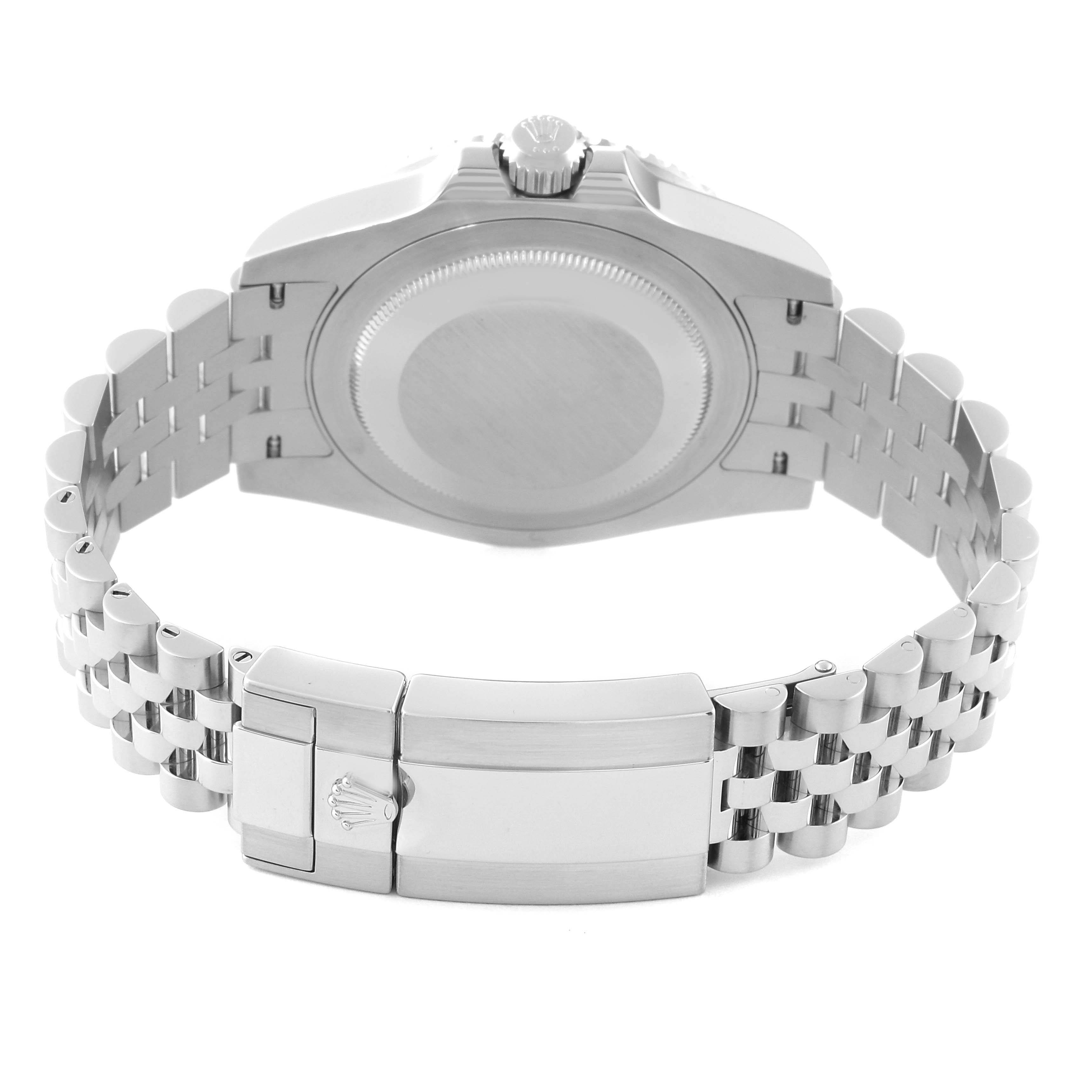 The image shows the rear view of a Rolex GMT-Master 126710BLRO Men's Stainless Steel Black Dial 126710BLRO Men's Stainless Steel Black Dial, highlighting the case back and jubilee bracelet with the clasp open.