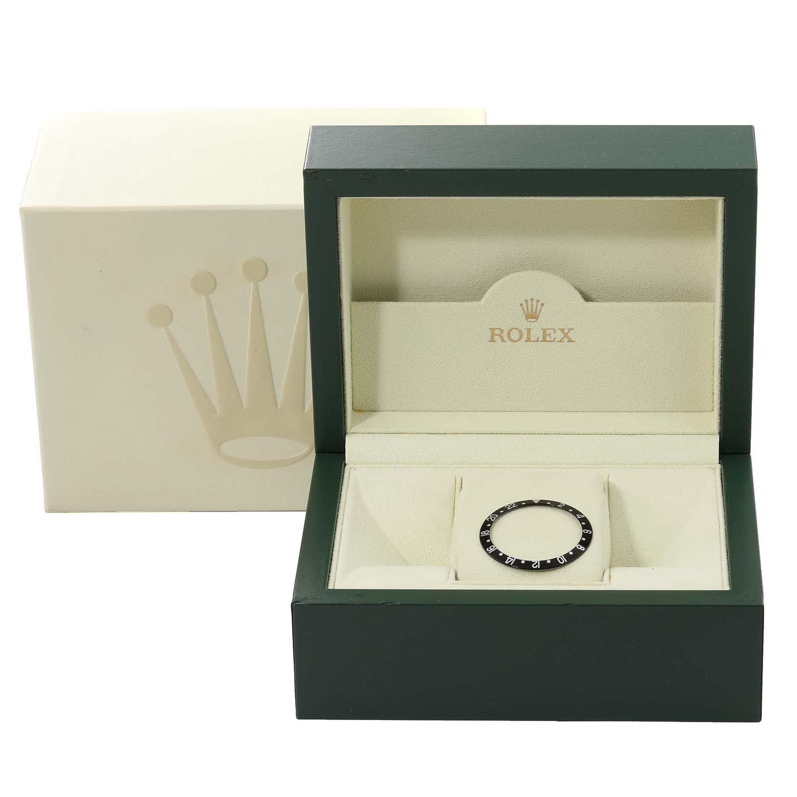 The image shows a bezel insert for the Rolex GMT-Master 16710 Men's Stainless Steel Black Dial 16710 Men's Stainless Steel Black Dial, displayed in its green Rolex box with a beige exterior box in the background.