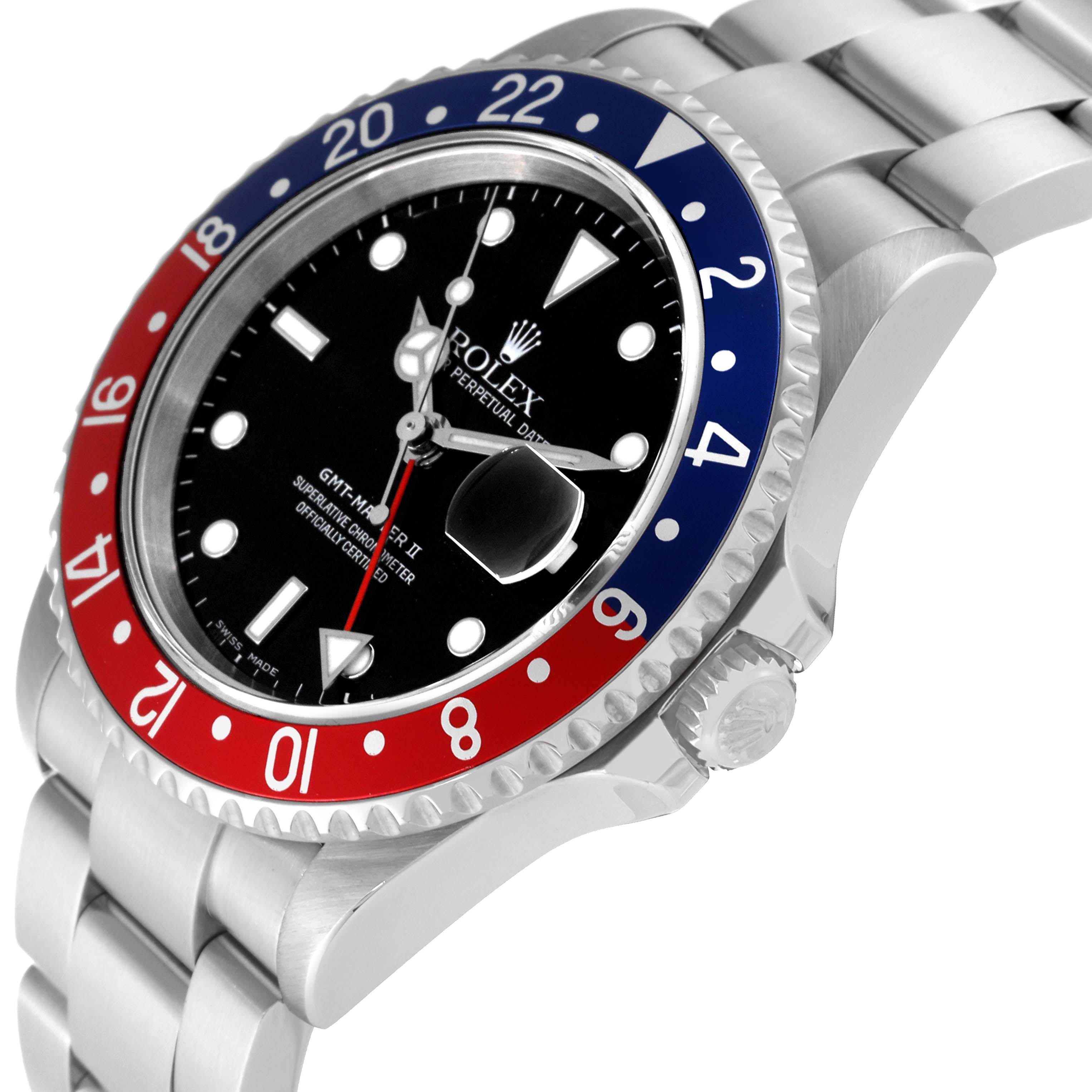 This image shows a side angle of the Rolex GMT-Master 16710 Men's Stainless Steel Black Dial 16710 Men's Stainless Steel Black Dial II watch, displaying the bezel, dial, crown, and bracelet.