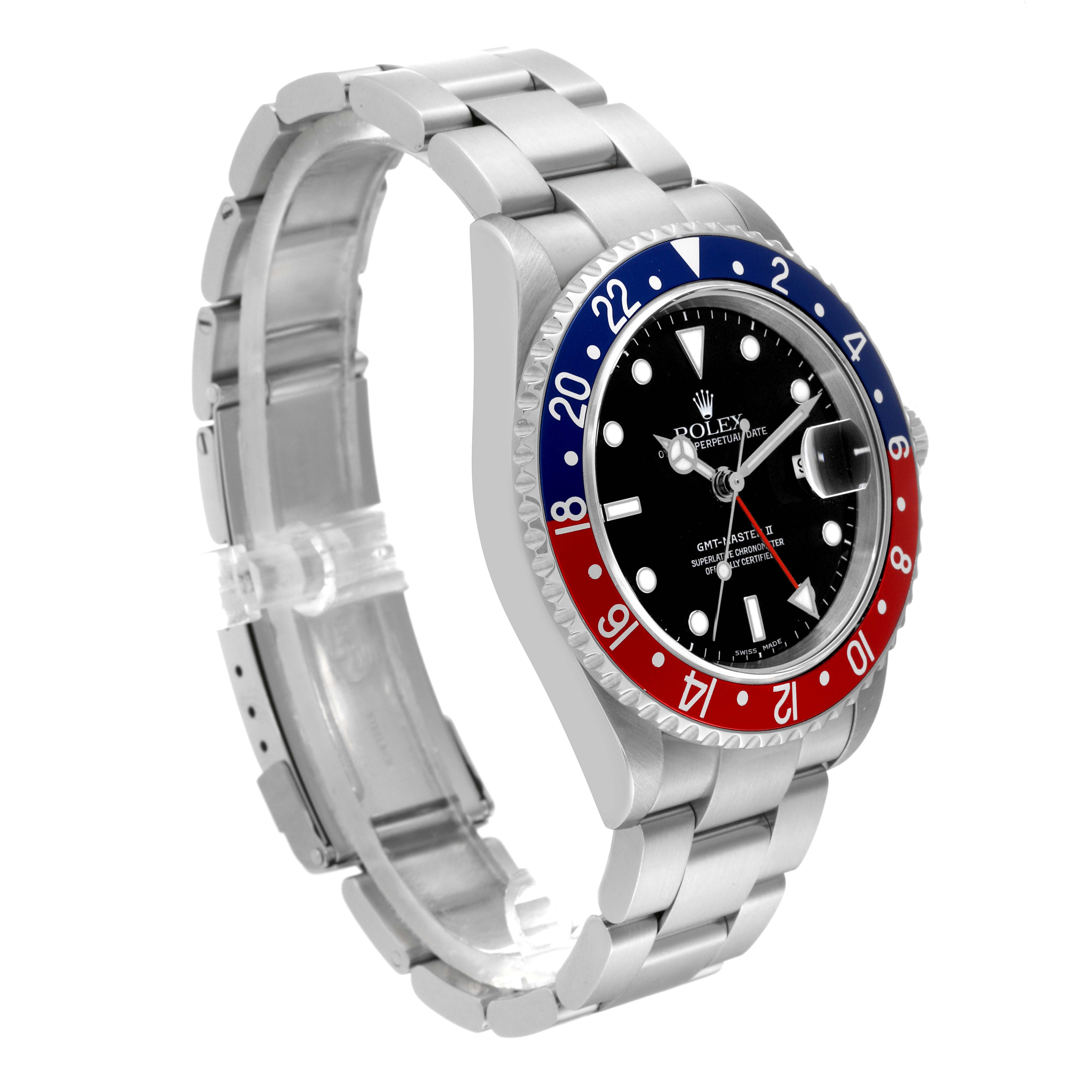 The Rolex GMT-Master 16710 Men's Stainless Steel Black Dial 16710 Men's Stainless Steel Black Dial watch is shown at an angled view, highlighting its face, bezel, and bracelet.