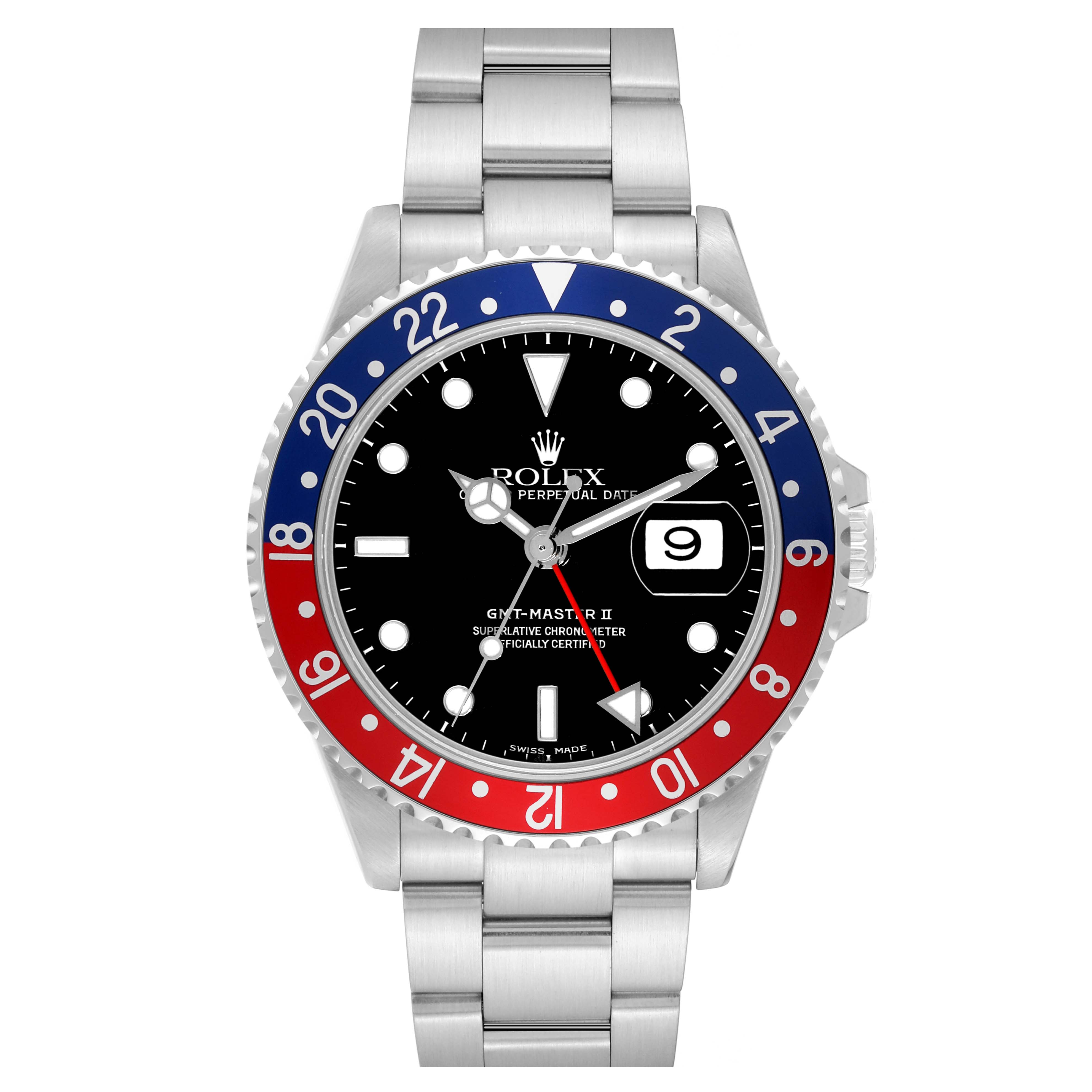 This image shows a front view of a Rolex GMT-Master 16710 Men's Stainless Steel Black Dial 16710 Men's Stainless Steel Black Dial II with a stainless steel bracelet and a red and blue bezel.
