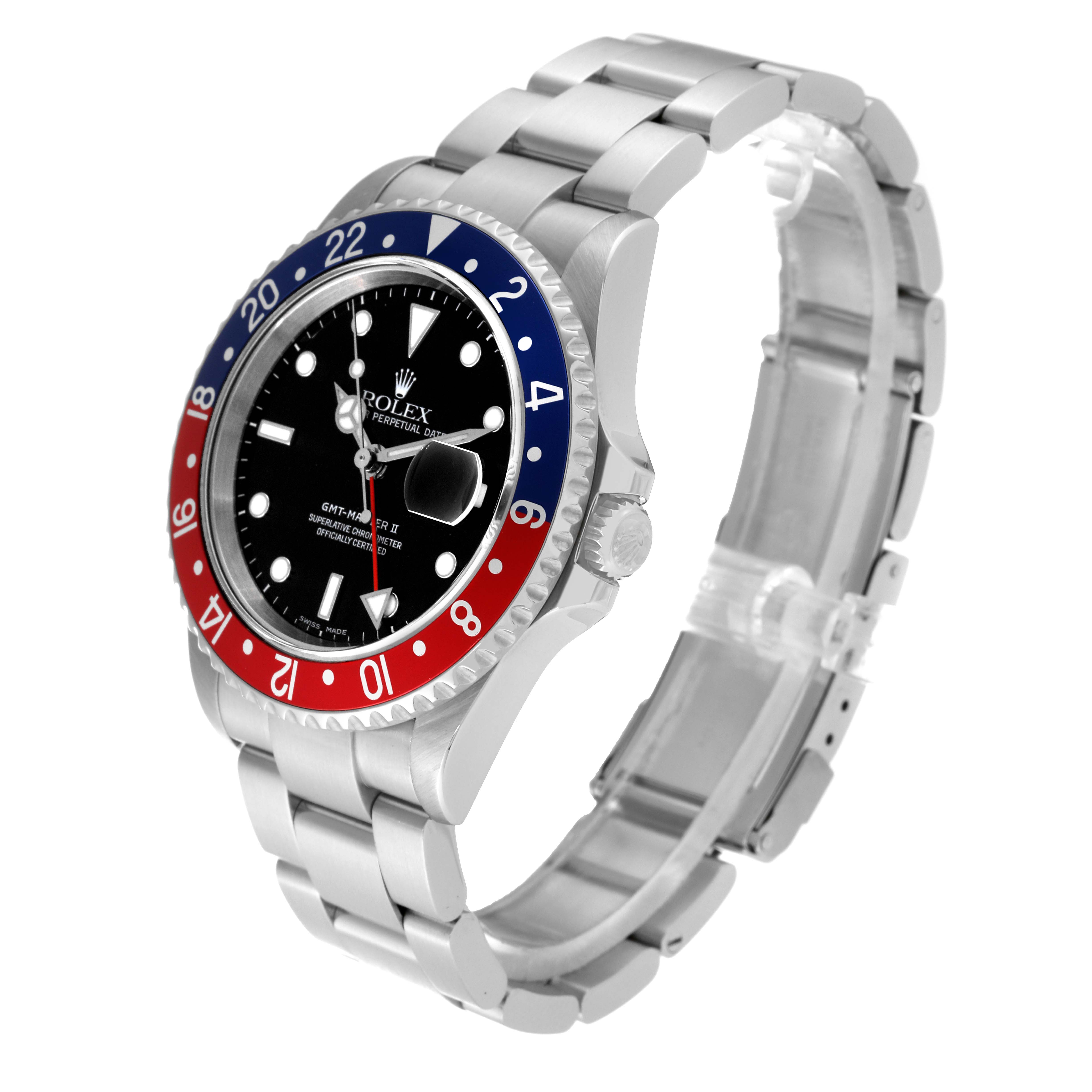 The Rolex GMT-Master 16710 Men's Stainless Steel Black Dial 16710 Men's Stainless Steel Black Dial watch is shown at a 45-degree angle, highlighting its bezel, dial, and metal bracelet.