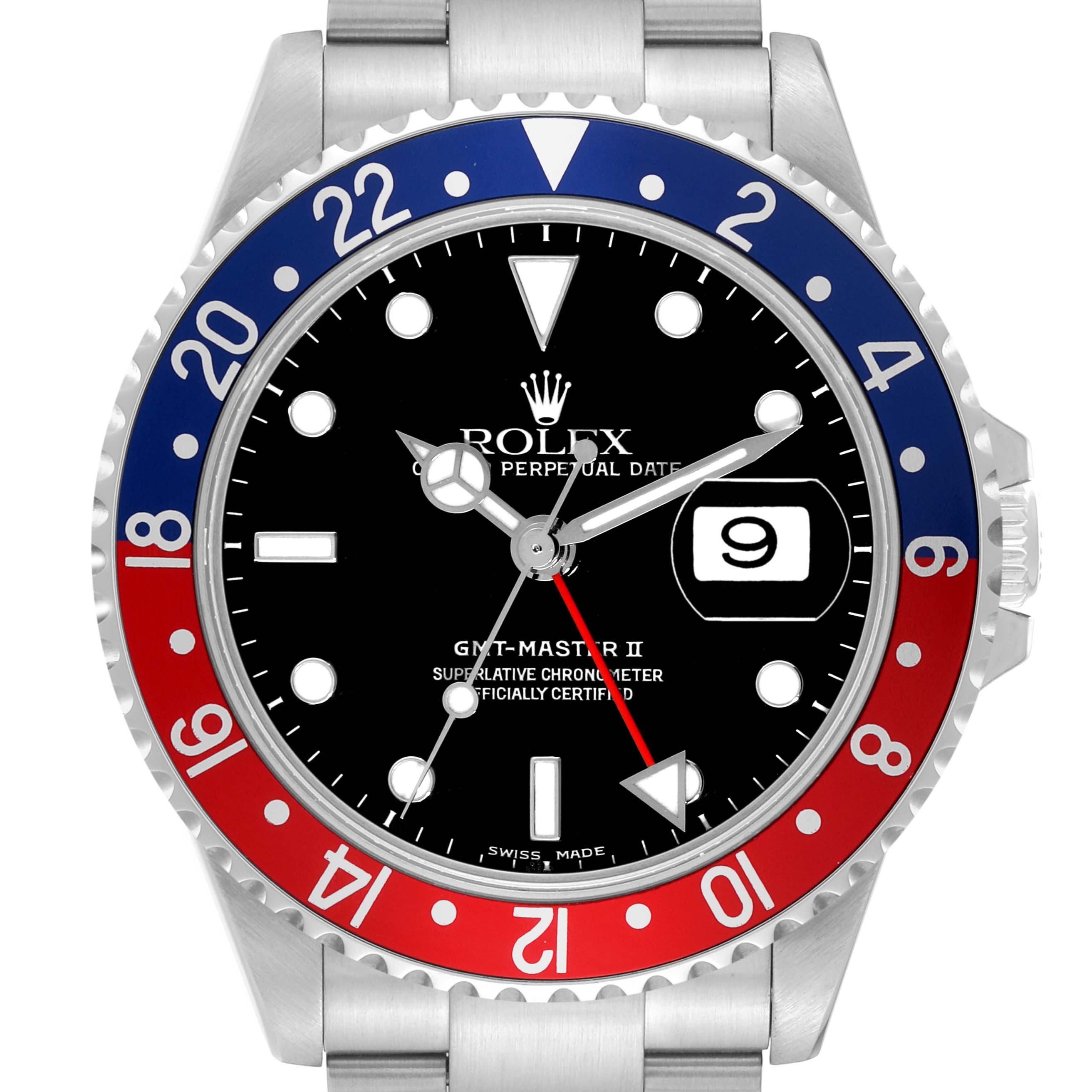 The image shows a Rolex GMT-Master 16710 Men's Stainless Steel Black Dial 16710 Men's Stainless Steel Black Dial II watch front-on, featuring a black dial, red and blue bezel, and stainless steel bracelet.