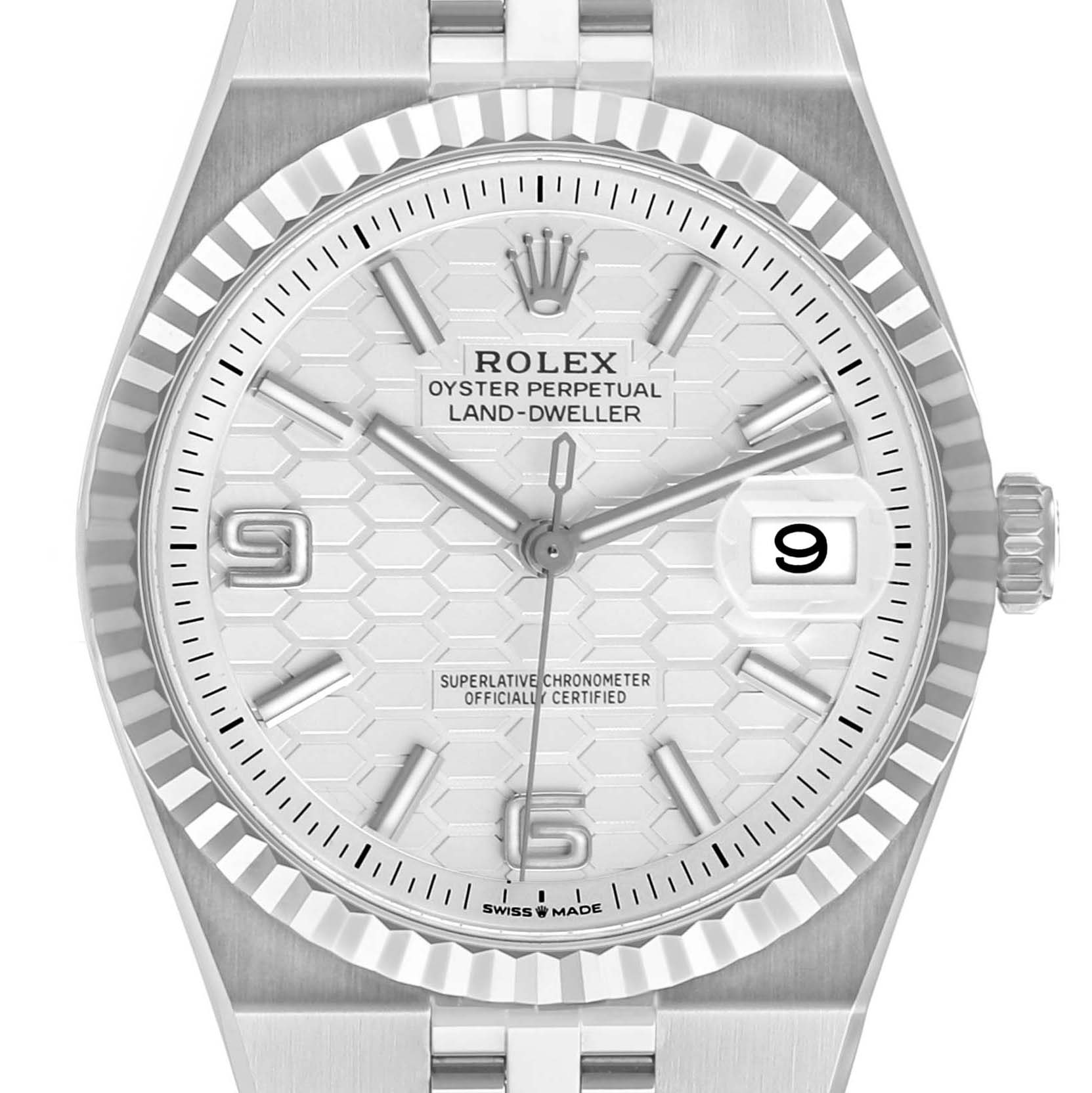The Rolex Land-Dweller watch is shown from a front angle, highlighting the dial, bezel, and partial bracelet.