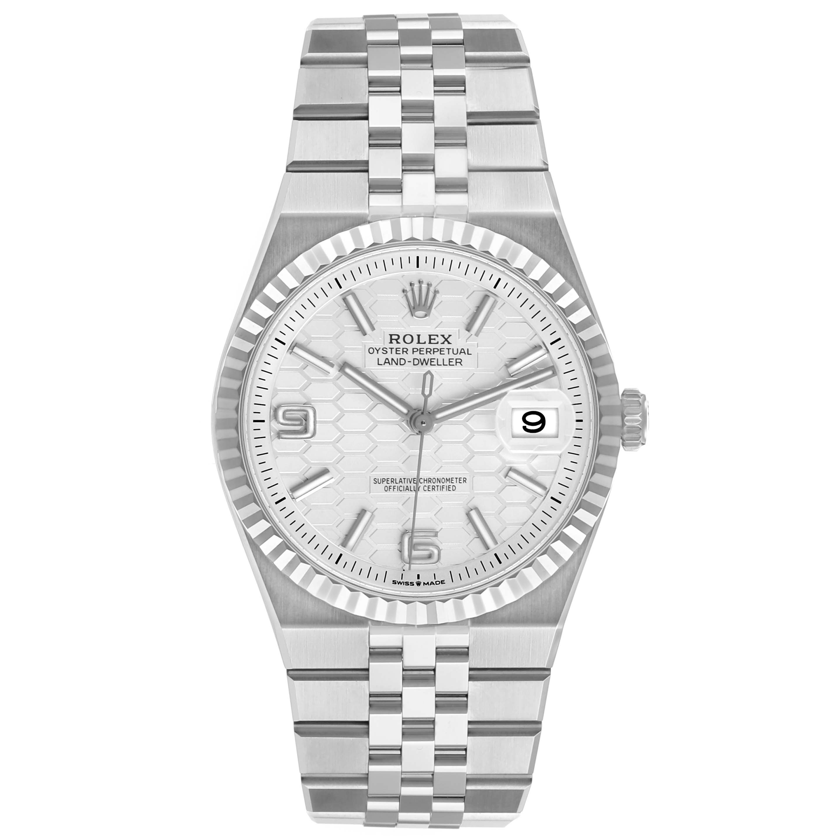 This Rolex Land-Dweller watch is shown from a frontal angle, highlighting the dial, bracelet, and fluted bezel.