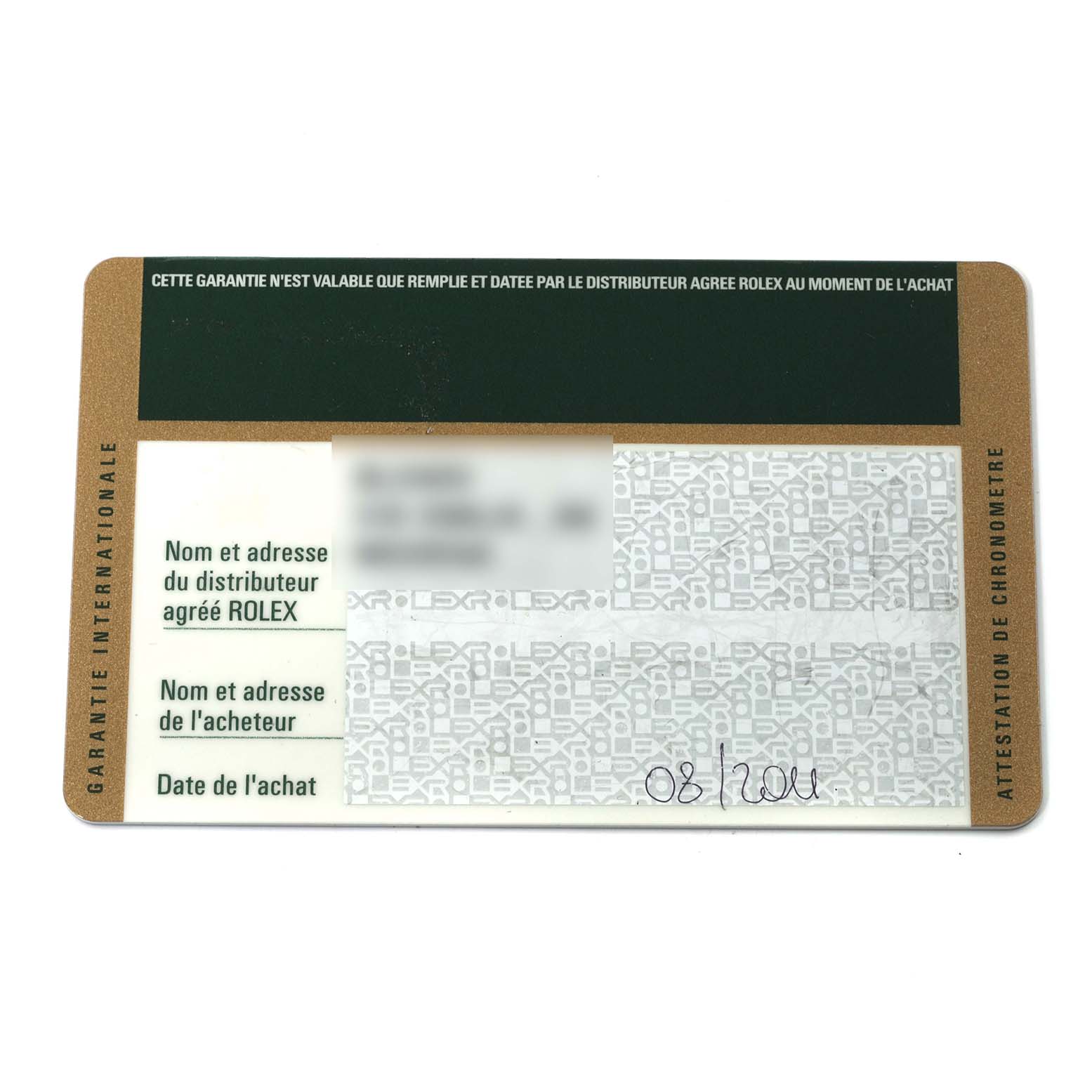 This image shows the warranty card for the Rolex Milgauss 116400 Men's Stainless Steel Black Dial 116400 Men's Stainless Steel Black Dial watch, featuring spaces for the distributor's and owner's information and purchase date.