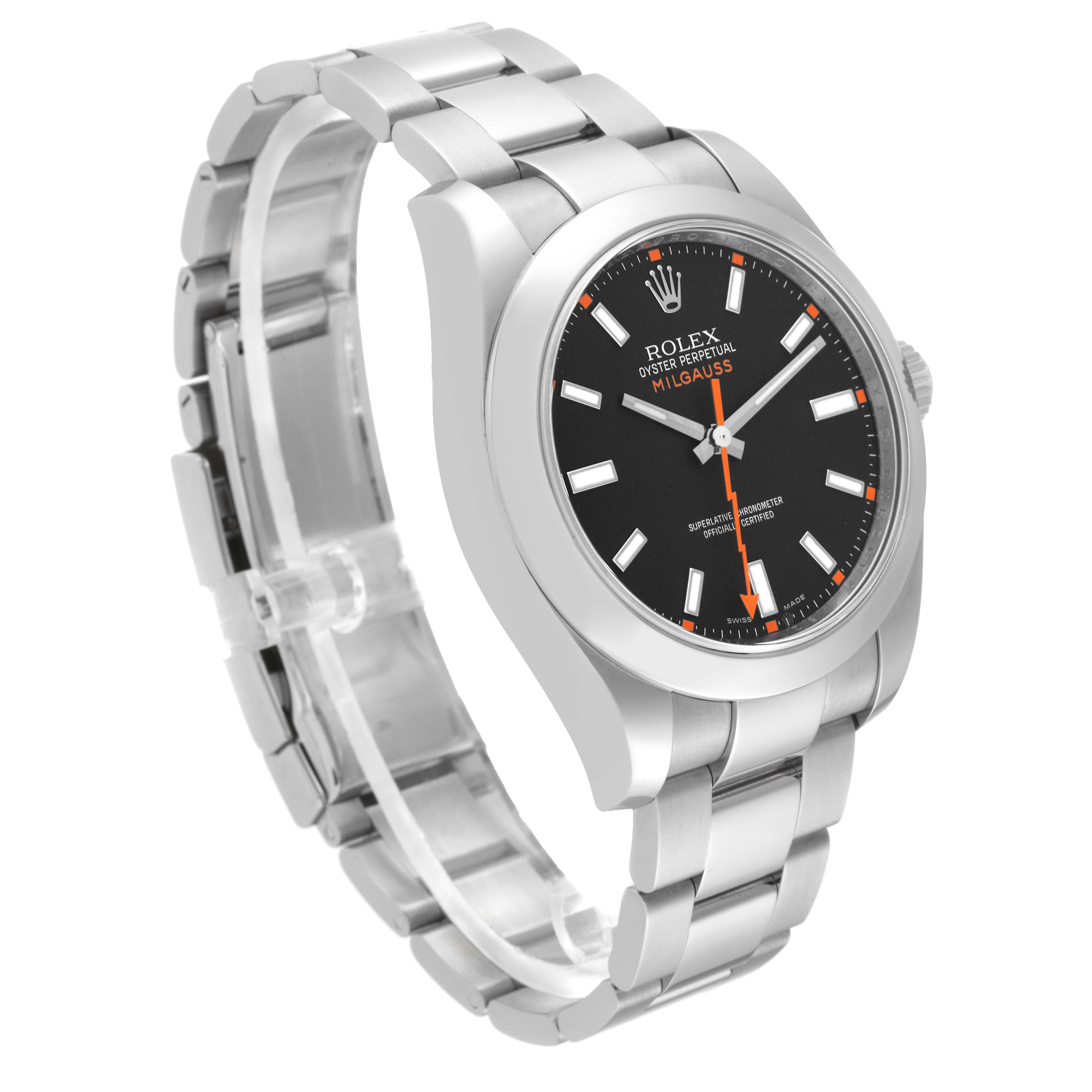 The image shows a Rolex Milgauss 116400 Men's Stainless Steel Black Dial 116400 Men's Stainless Steel Black Dial watch at an angle highlighting the face, bracelet, and side of the case.