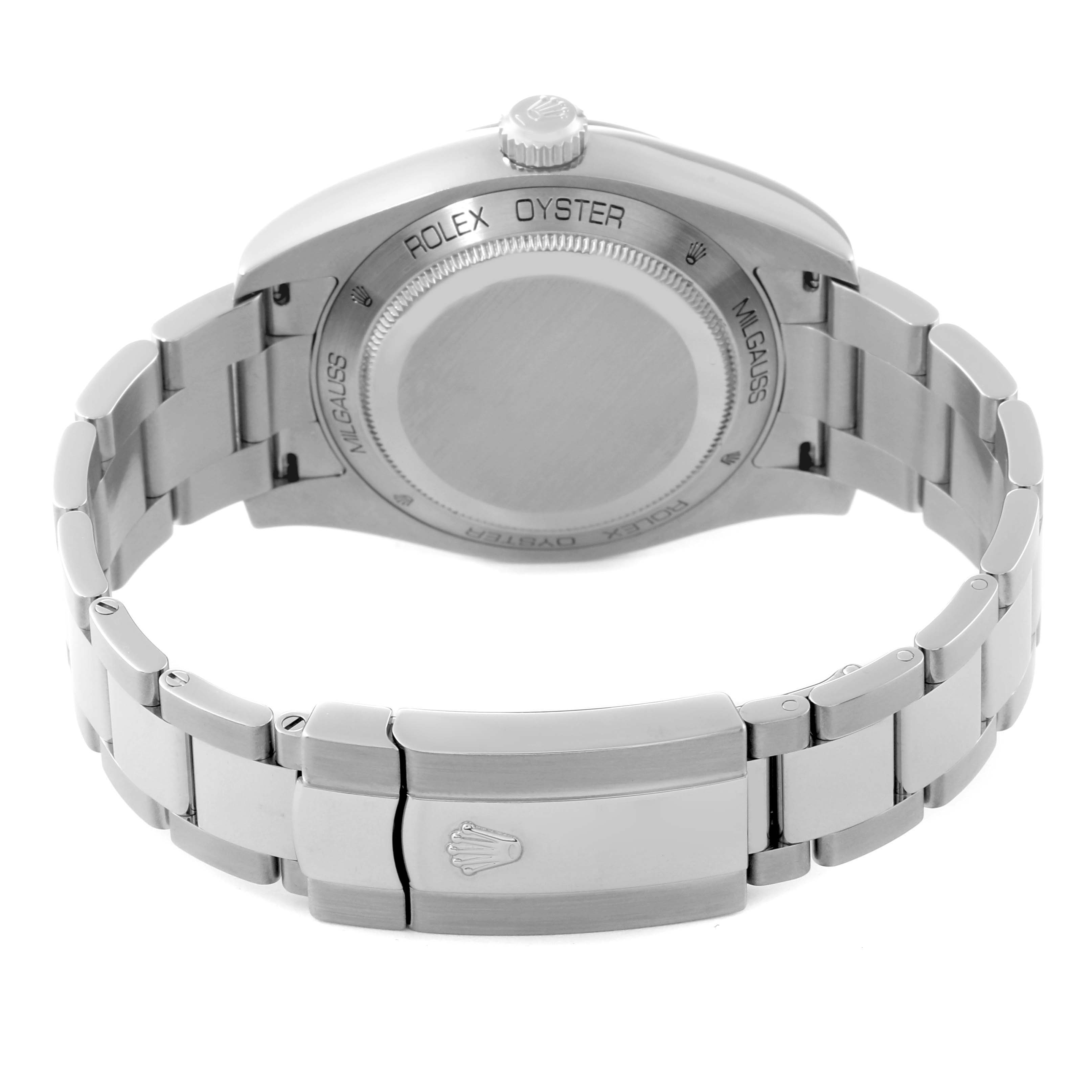 The image shows the back view of a Rolex Milgauss 116400 Men's Stainless Steel Black Dial 116400 Men's Stainless Steel Black Dial watch, highlighting the bracelet, clasp, and case back.