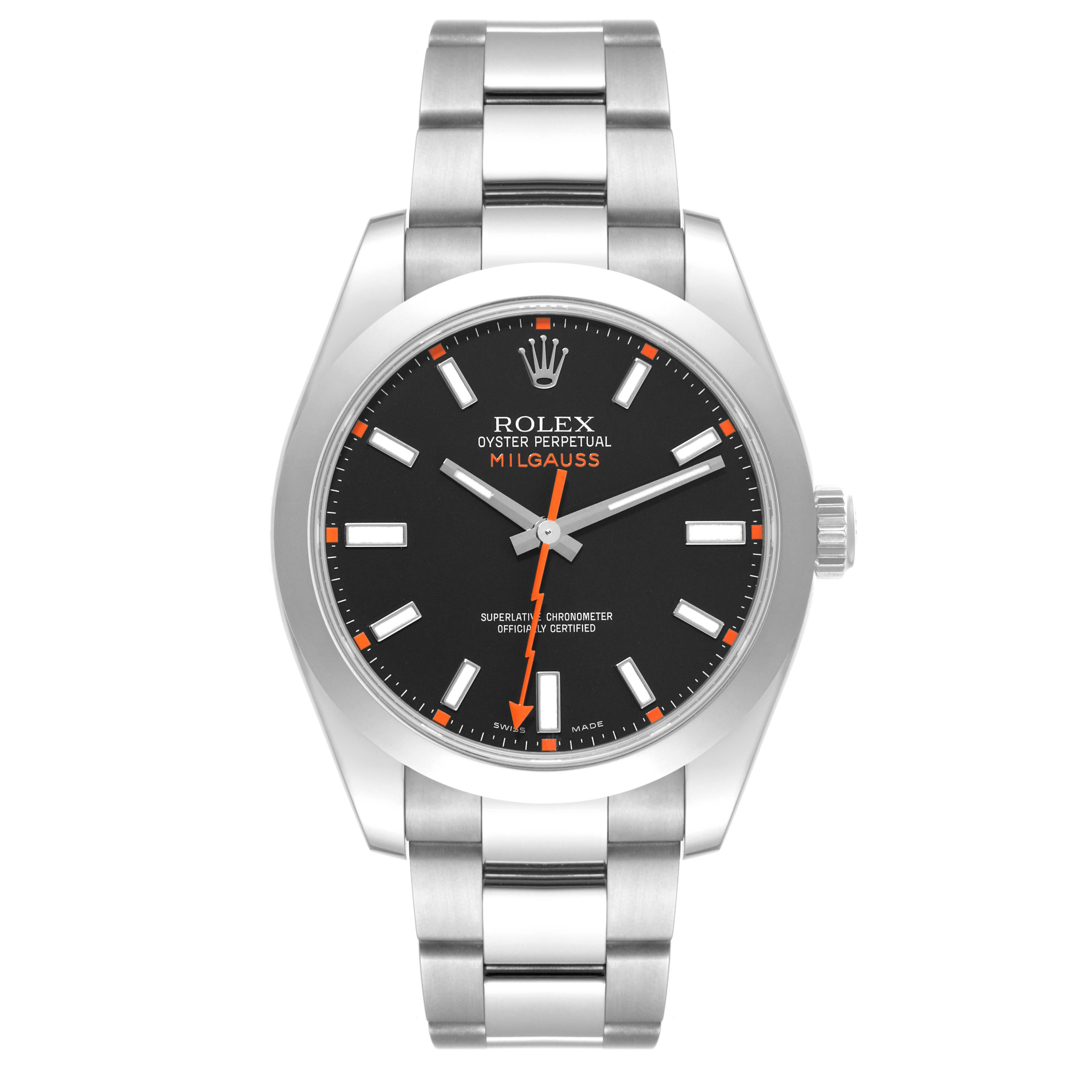 The image shows a frontal view of the Rolex Milgauss 116400 Men's Stainless Steel Black Dial 116400 Men's Stainless Steel Black Dial watch, featuring its black dial, orange second hand, and stainless steel bracelet.