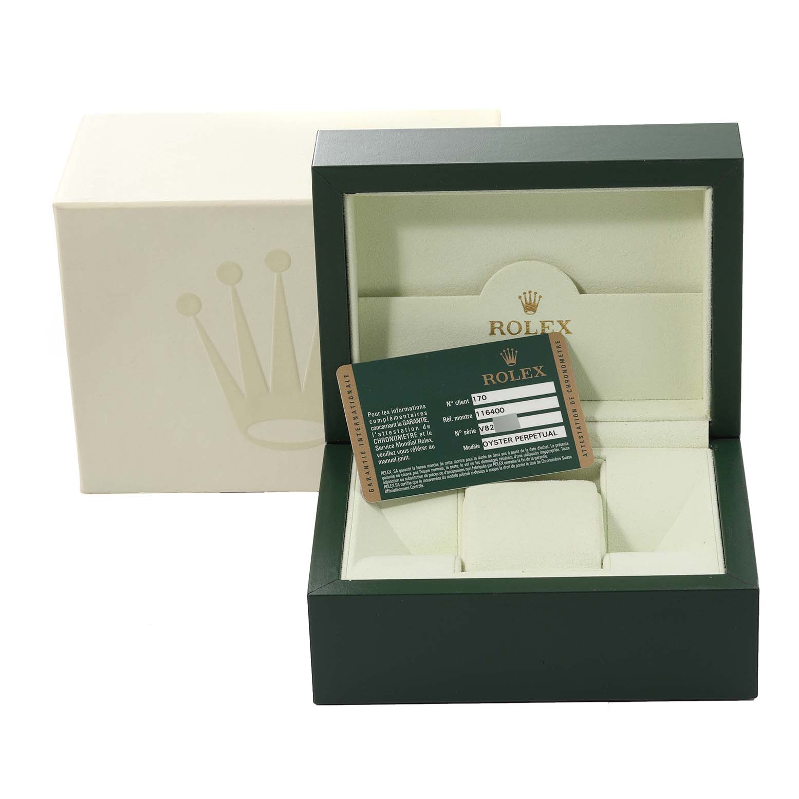 The image shows the packaging and a warranty card for a Rolex Milgauss 116400 Men's Stainless Steel Black Dial 116400 Men's Stainless Steel Black Dial watch.