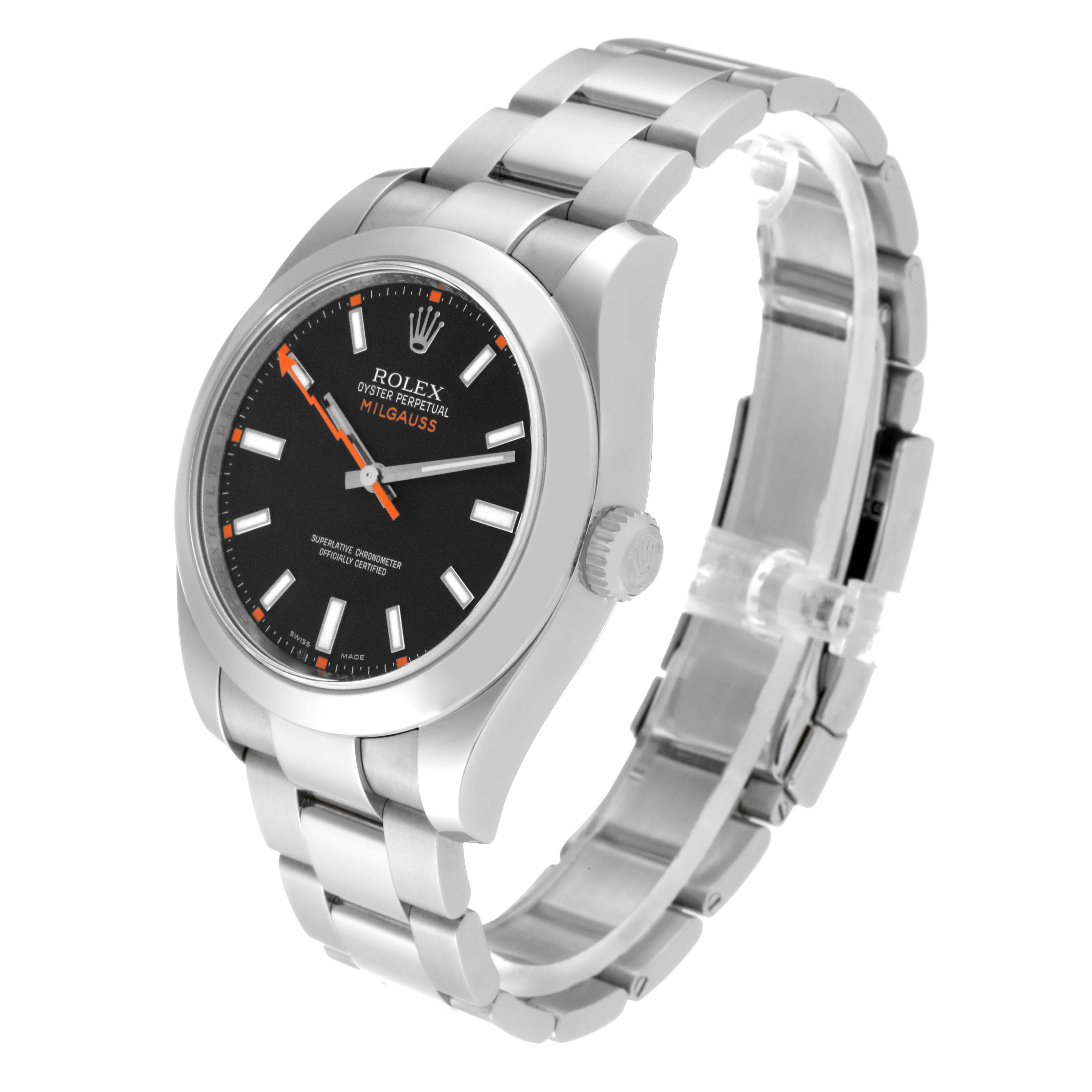 This image shows a side angle of a Rolex Milgauss 116400 Men's Stainless Steel Black Dial 116400 Men's Stainless Steel Black Dial watch, highlighting its dial, bezel, and bracelet.