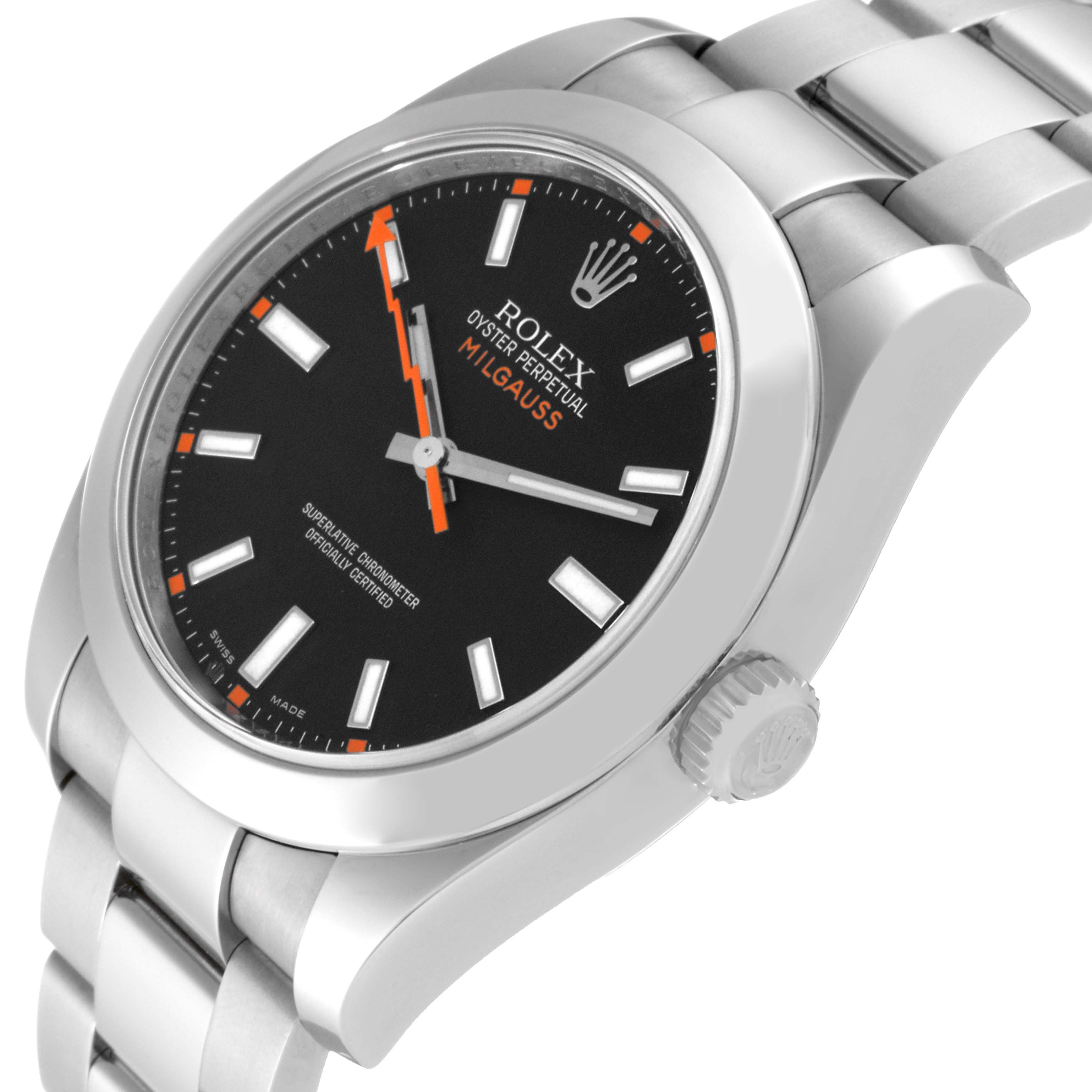 The image shows a Rolex Milgauss 116400 Men's Stainless Steel Black Dial 116400 Men's Stainless Steel Black Dial watch at an angled view, highlighting the dial, bezel, crown, and part of the bracelet.