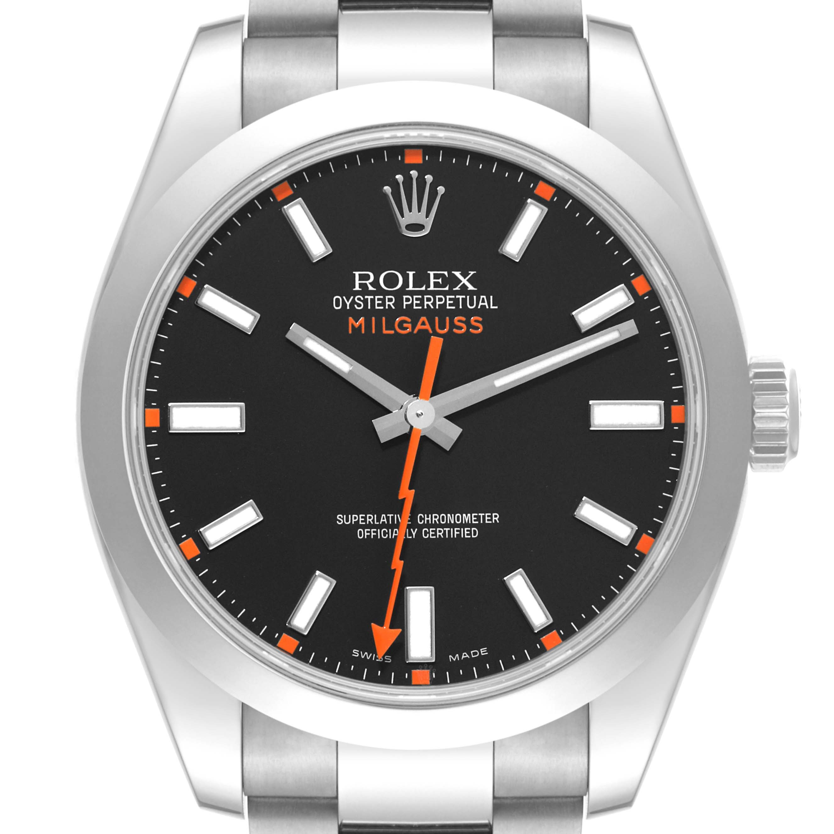 This image shows a Rolex Milgauss 116400 Men's Stainless Steel Black Dial 116400 Men's Stainless Steel Black Dial watch from the front, highlighting its black dial, orange accents, and stainless steel bracelet.