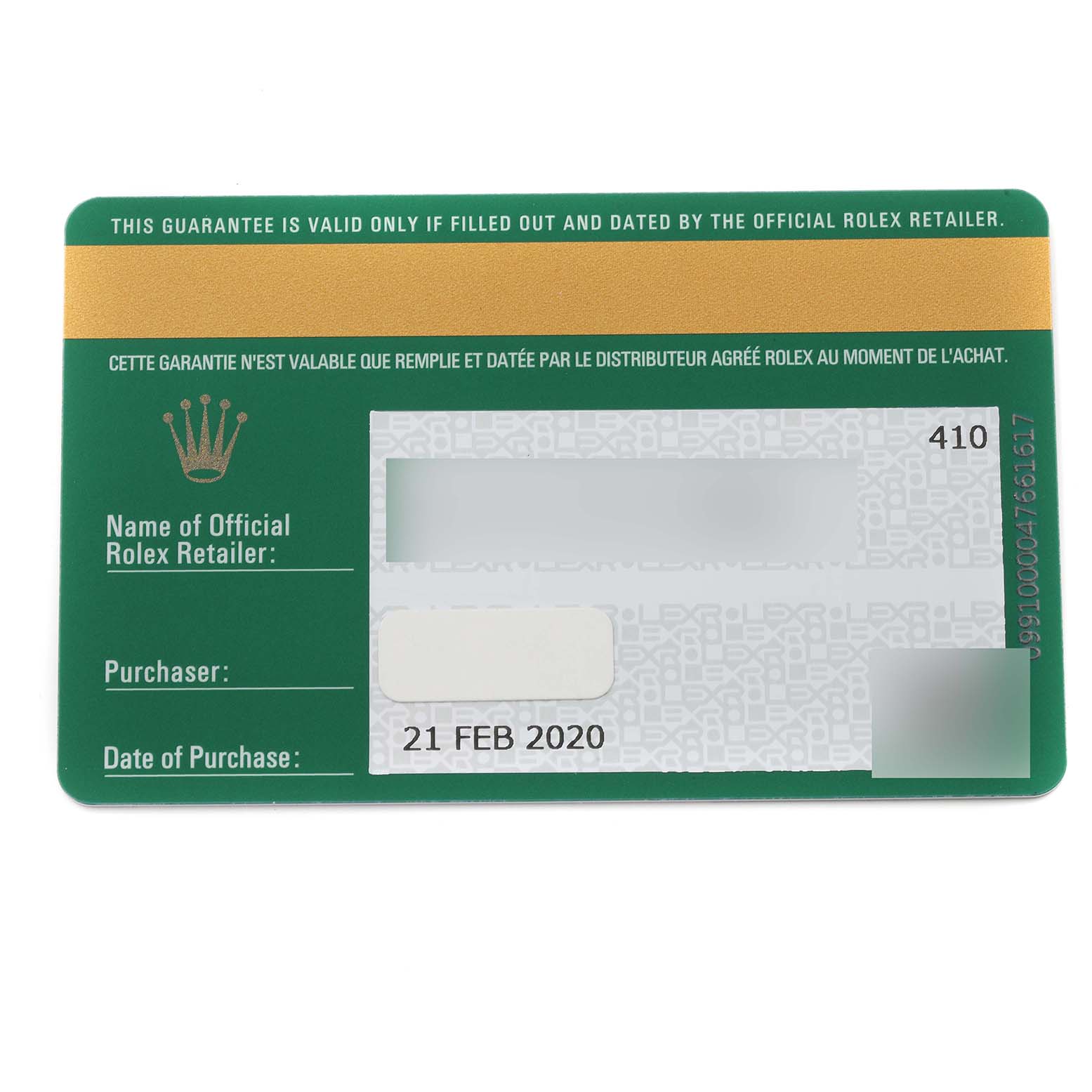 This image shows the warranty guarantee card for the Rolex Milgauss 116400 Men's Stainless Steel Blue Dial 116400 Men's Stainless Steel Blue Dial model, dated 21 Feb 2020.