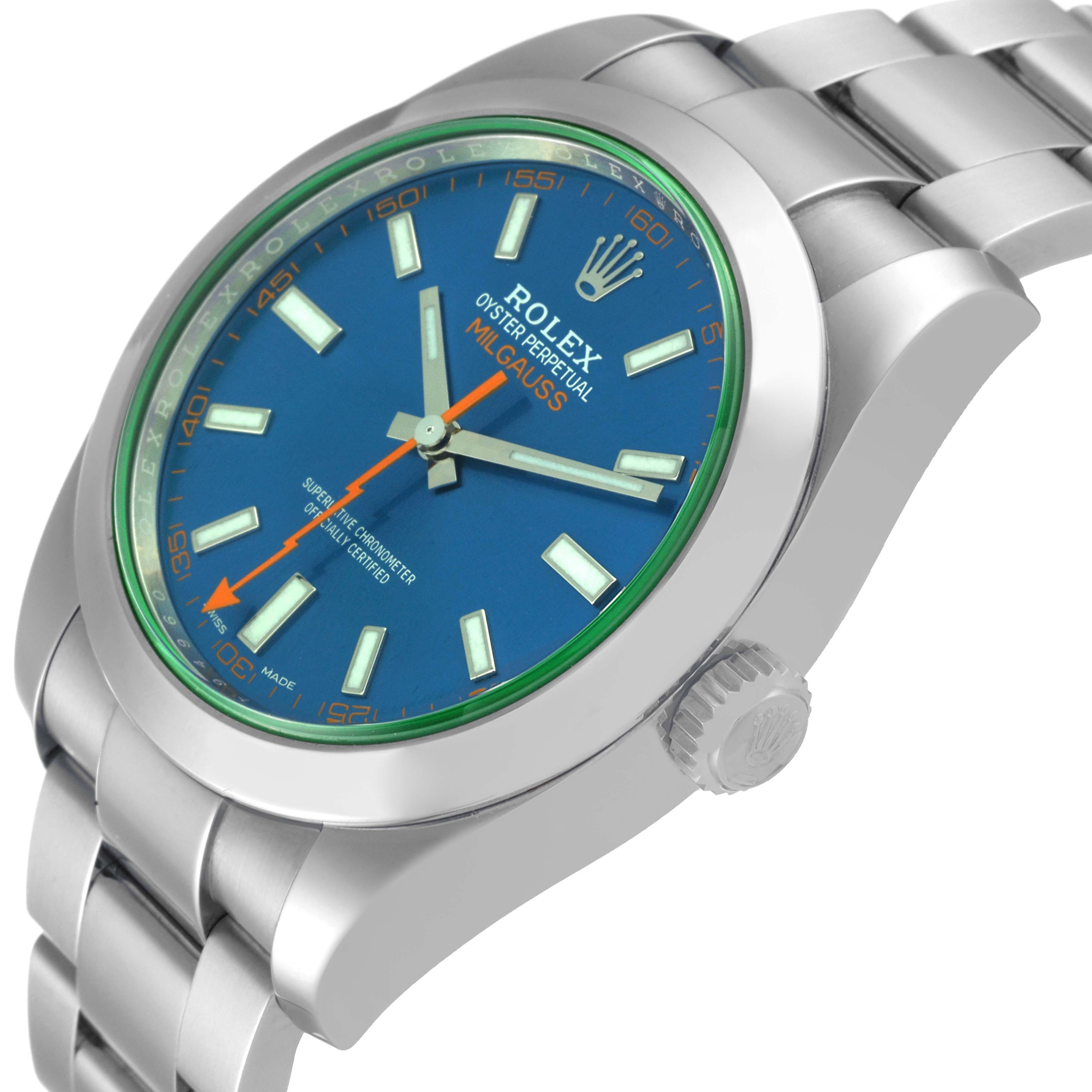 The Rolex Milgauss 116400 Men's Stainless Steel Blue Dial 116400 Men's Stainless Steel Blue Dial watch is shown from an angled close-up, highlighting the face, crown, and part of the bracelet.