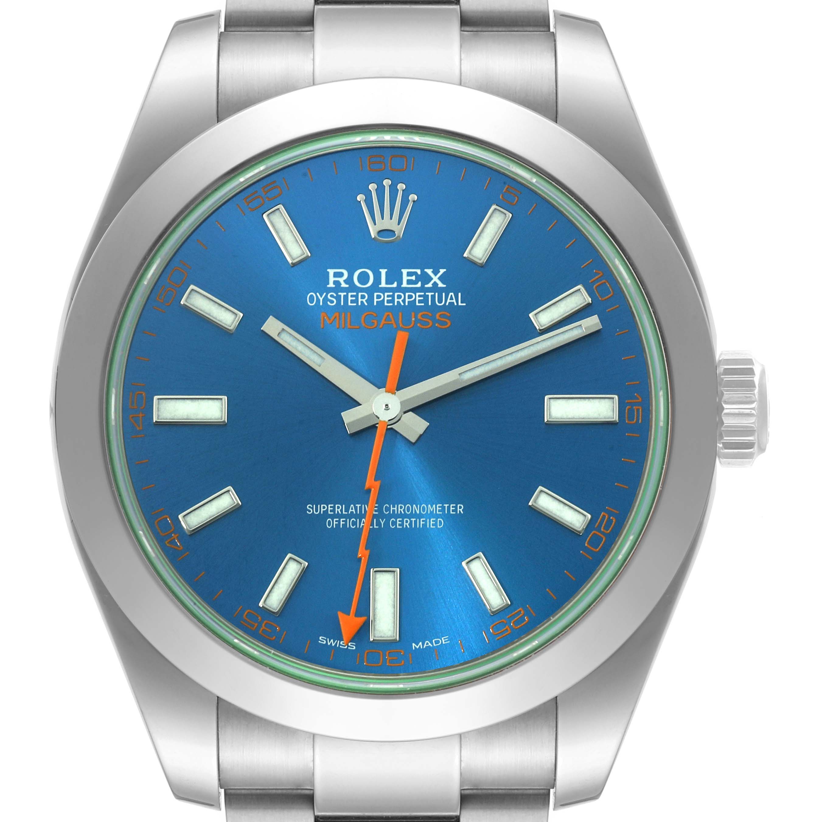 The image shows a front view of the Rolex Milgauss 116400 Men's Stainless Steel Blue Dial 116400 Men's Stainless Steel Blue Dial watch, displaying the blue dial, markers, hands, and stainless steel case and bracelet.