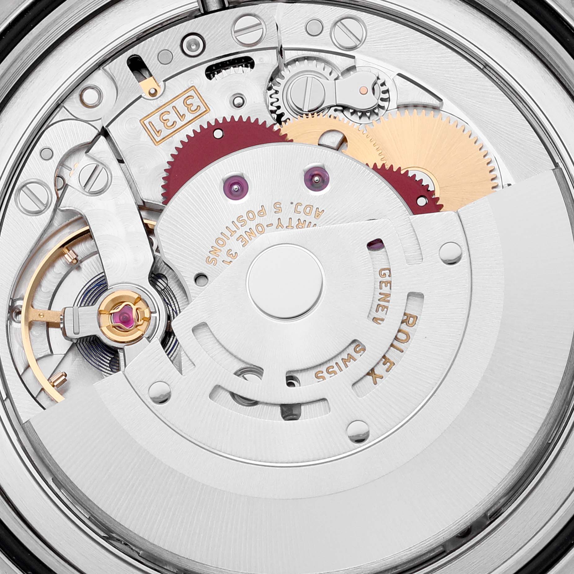 This image shows the detailed inner mechanics of a Rolex Milgauss 116400 Men's Stainless Steel Blue Dial 116400 Men's Stainless Steel Blue Dial watch from a close-up, top-down angle.