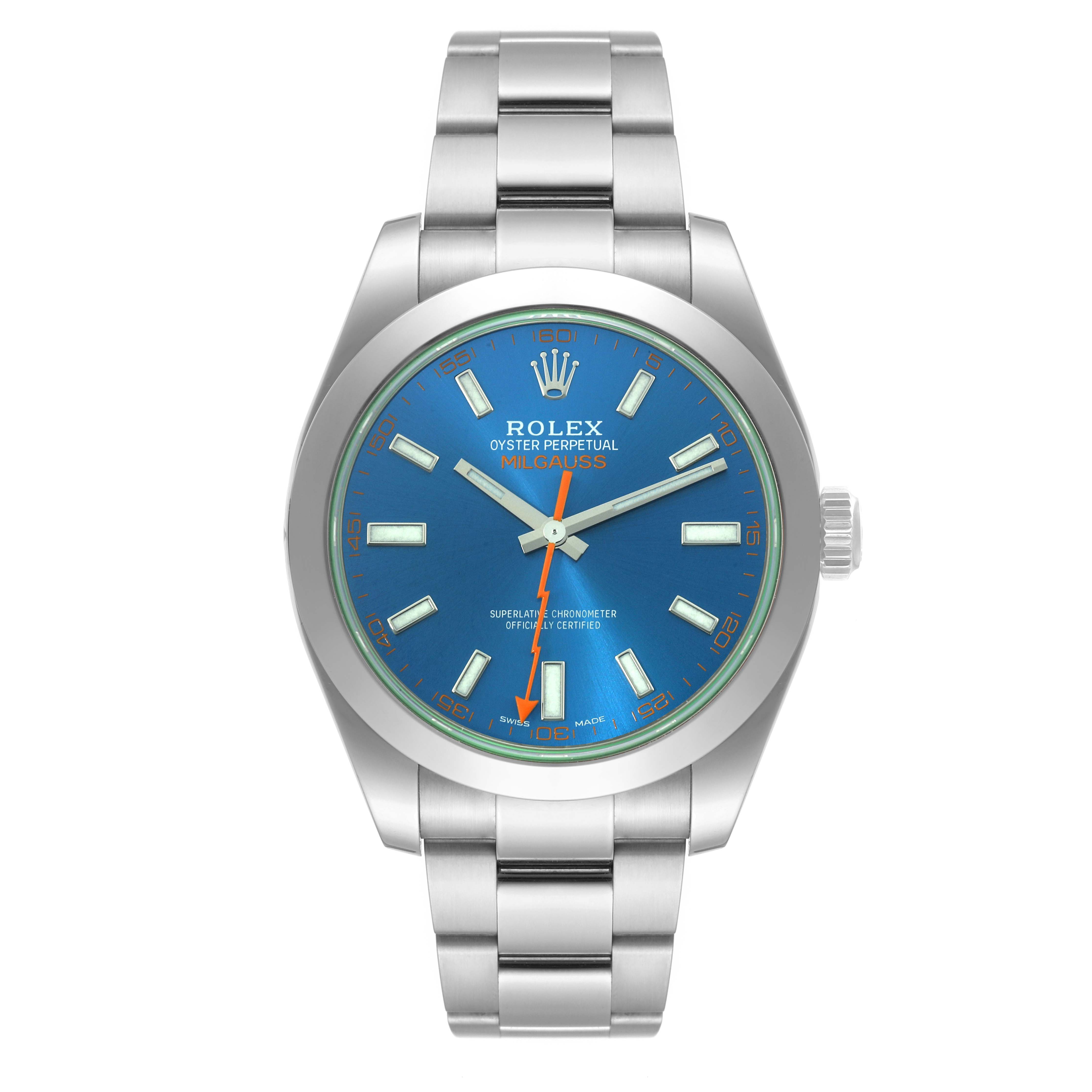 The image shows a front view of a Rolex Milgauss 116400 Men's Stainless Steel Blue Dial 116400 Men's Stainless Steel Blue Dial watch featuring a blue dial and stainless steel bracelet.
