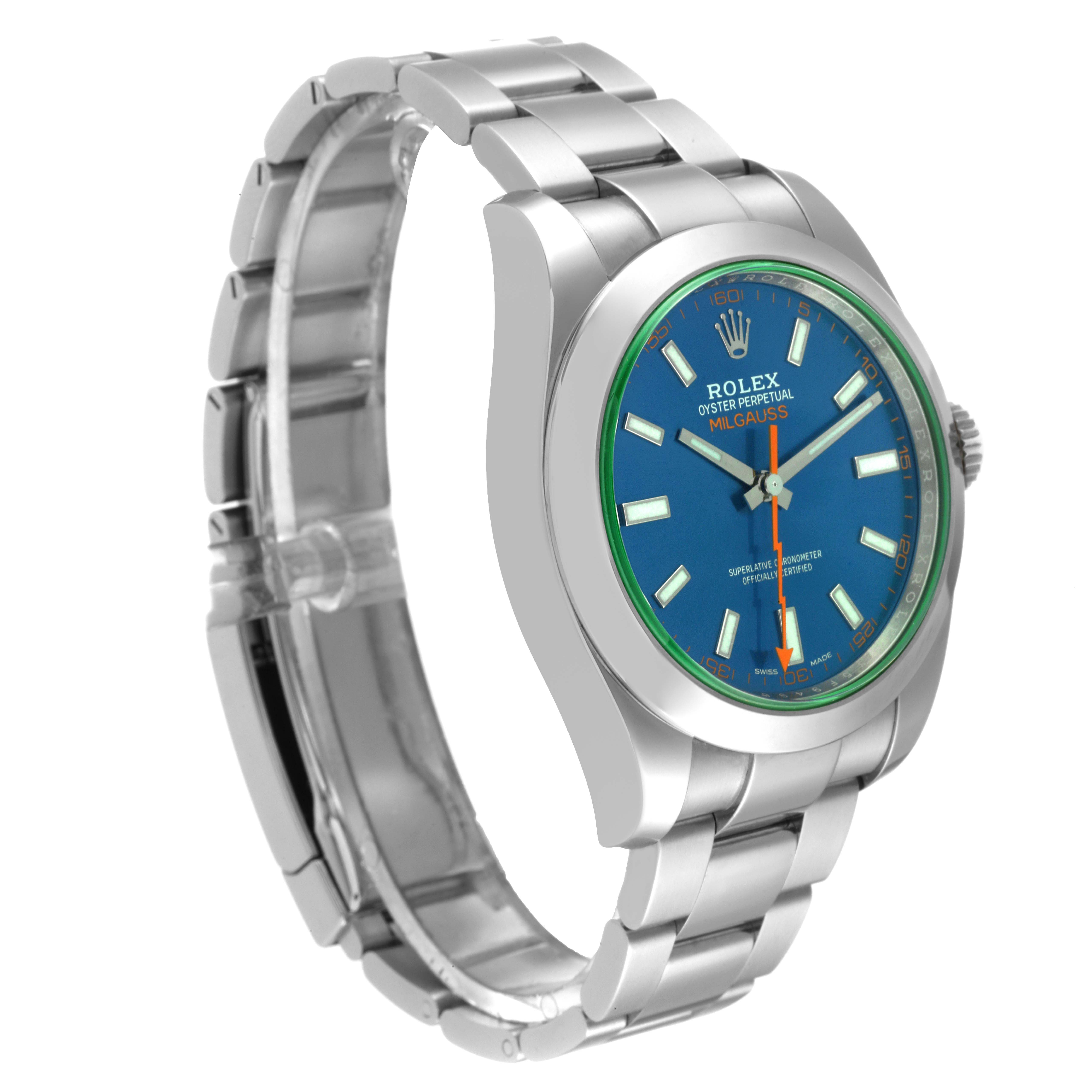 The image shows a Rolex Milgauss 116400 Men's Stainless Steel Blue Dial 116400 Men's Stainless Steel Blue Dial watch at a slight angle, highlighting its blue dial, green sapphire crystal, and stainless steel bracelet.