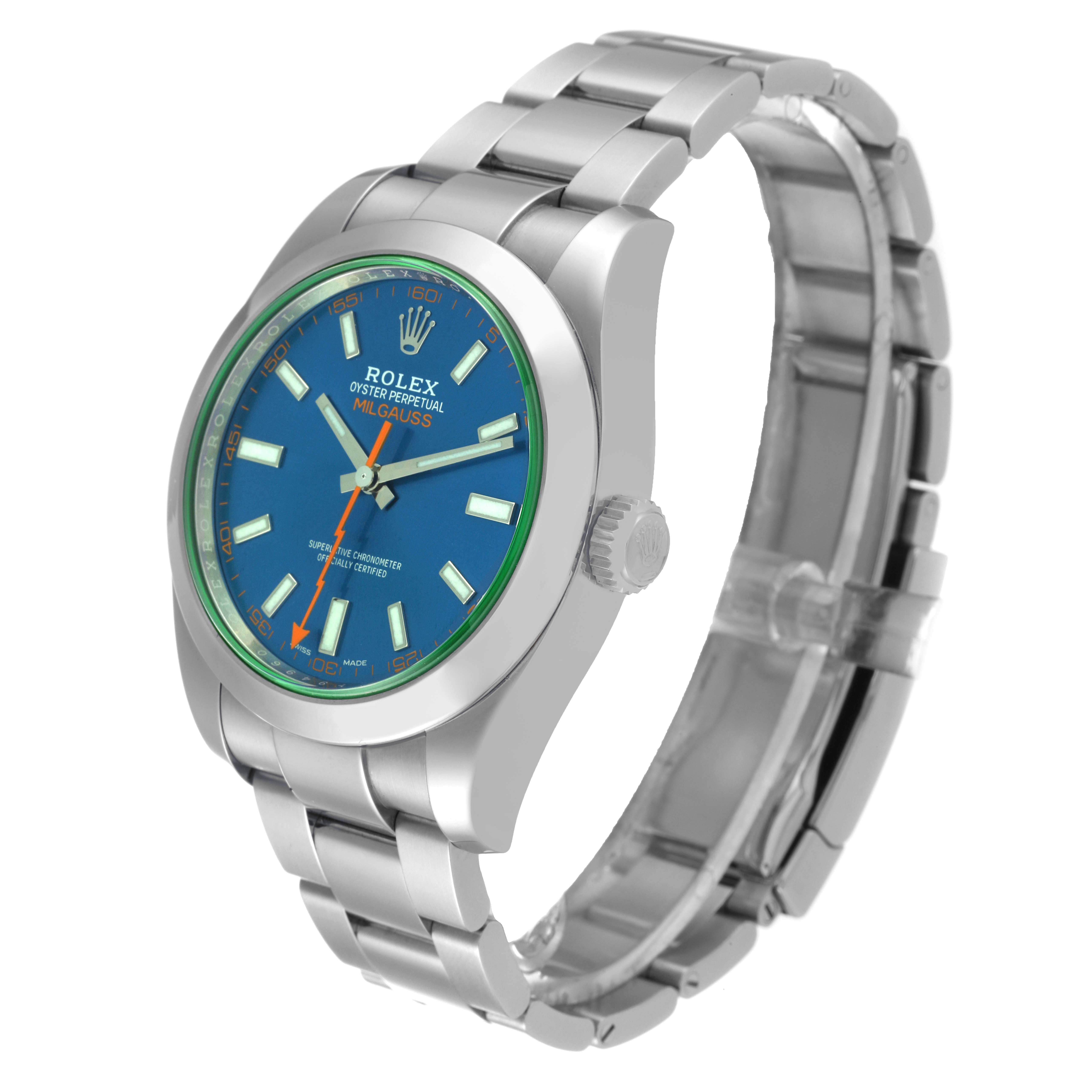 This image shows a Rolex Milgauss 116400 Men's Stainless Steel Blue Dial 116400 Men's Stainless Steel Blue Dial watch at a front angle, highlighting its blue dial, stainless steel case, and bracelet.
