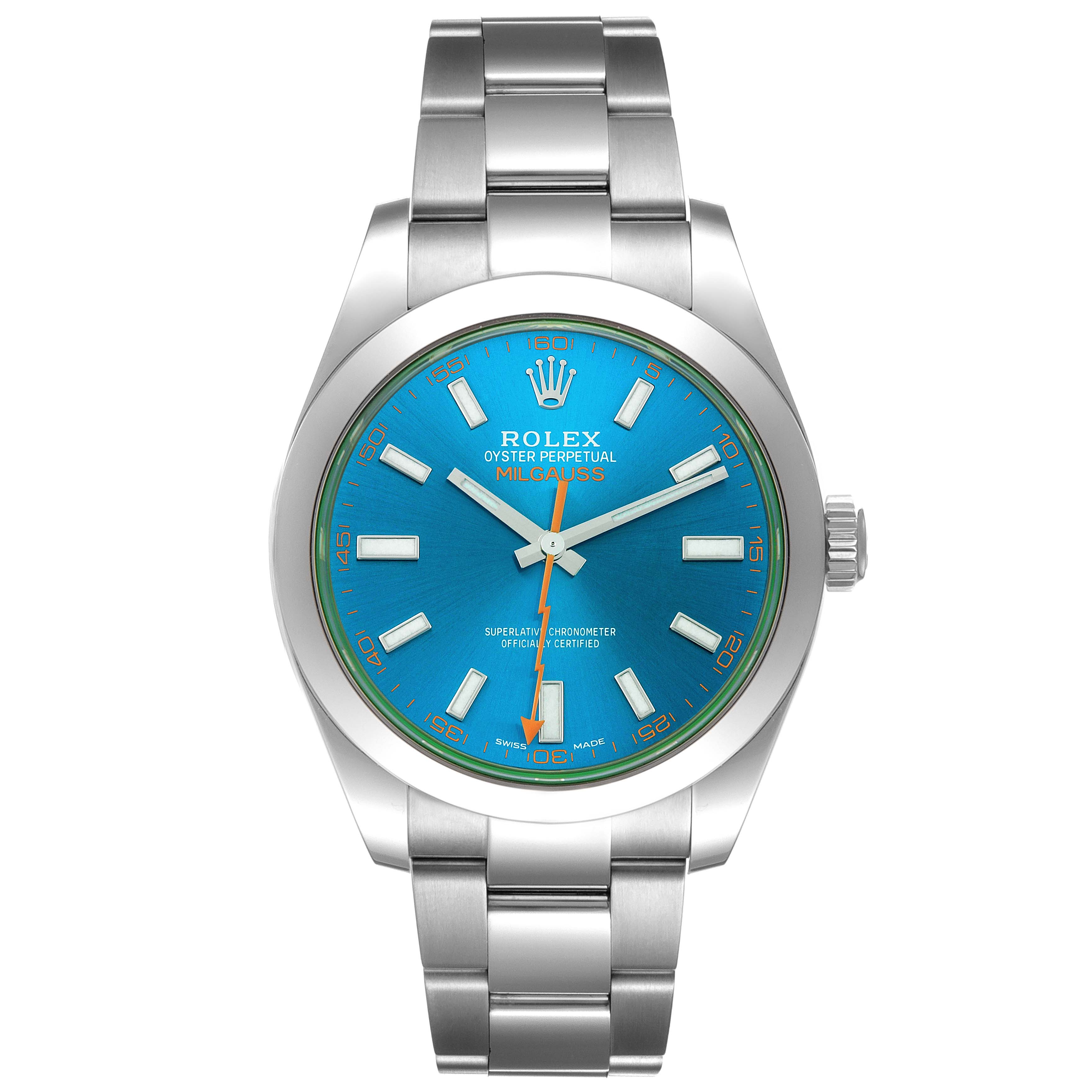 The image shows a front view of a Rolex Milgauss 116400 Men
s Stainless Steel Blue Dial 116400 Men
s Stainless Steel Blue Dial watch featuring a blue dial and stainless steel bracelet.