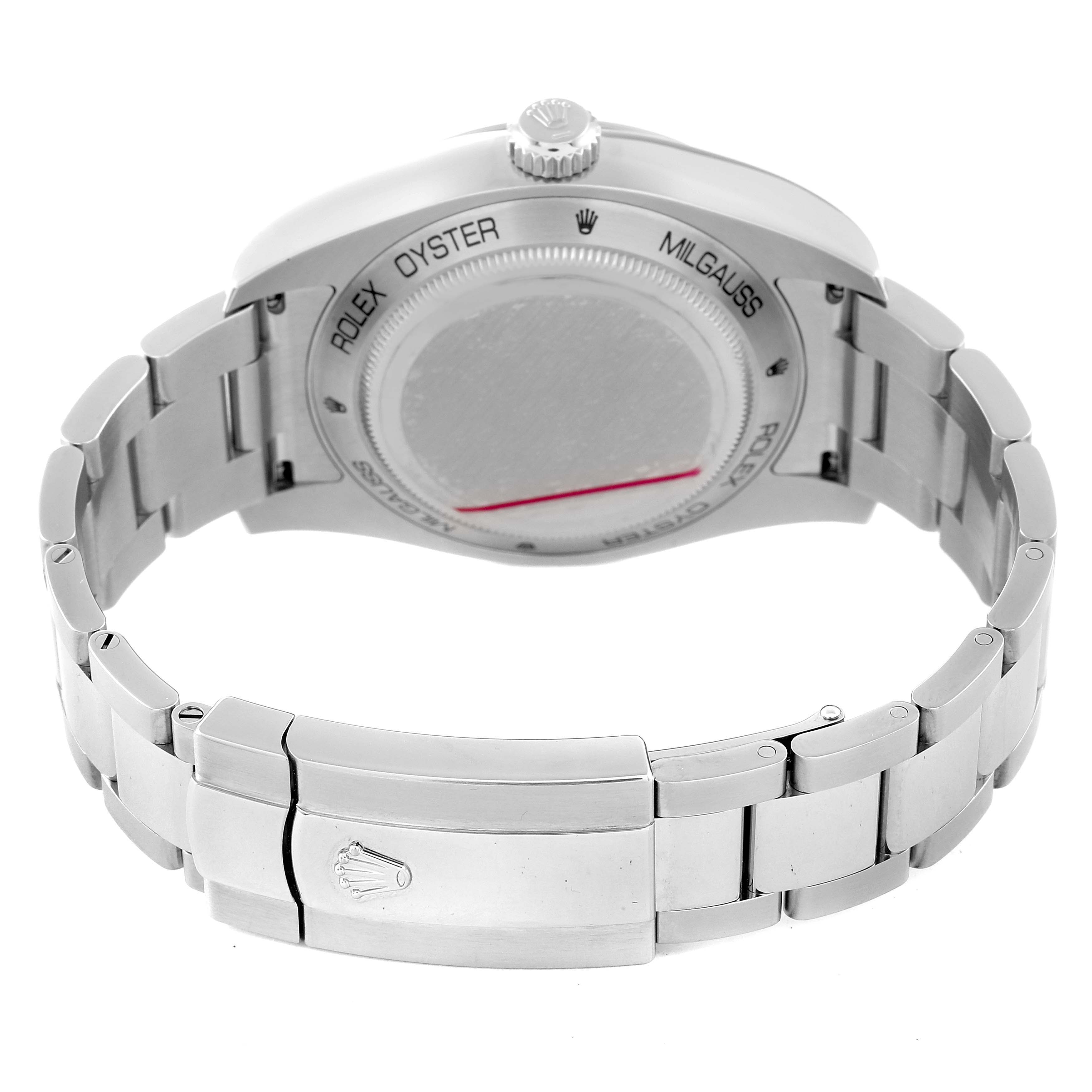 The image shows the back view of a Rolex Milgauss 116400 Men
s Stainless Steel Blue Dial 116400 Men
s Stainless Steel Blue Dial watch, highlighting the stainless steel bracelet and case back.