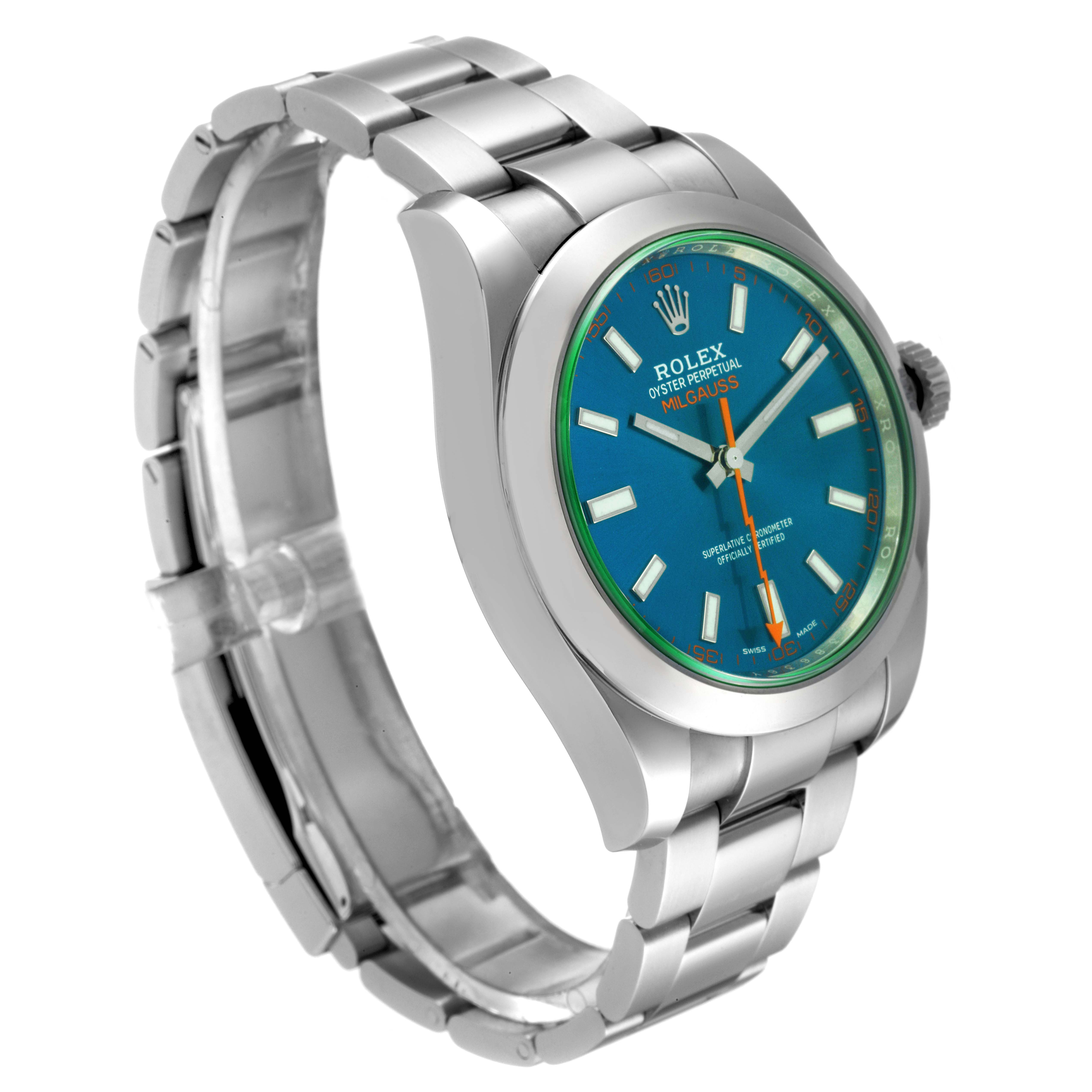 The Rolex Milgauss 116400 Men
s Stainless Steel Blue Dial 116400 Men
s Stainless Steel Blue Dial watch is shown at a three-quarter angle, displaying the face, bezel, crown, and metal bracelet.