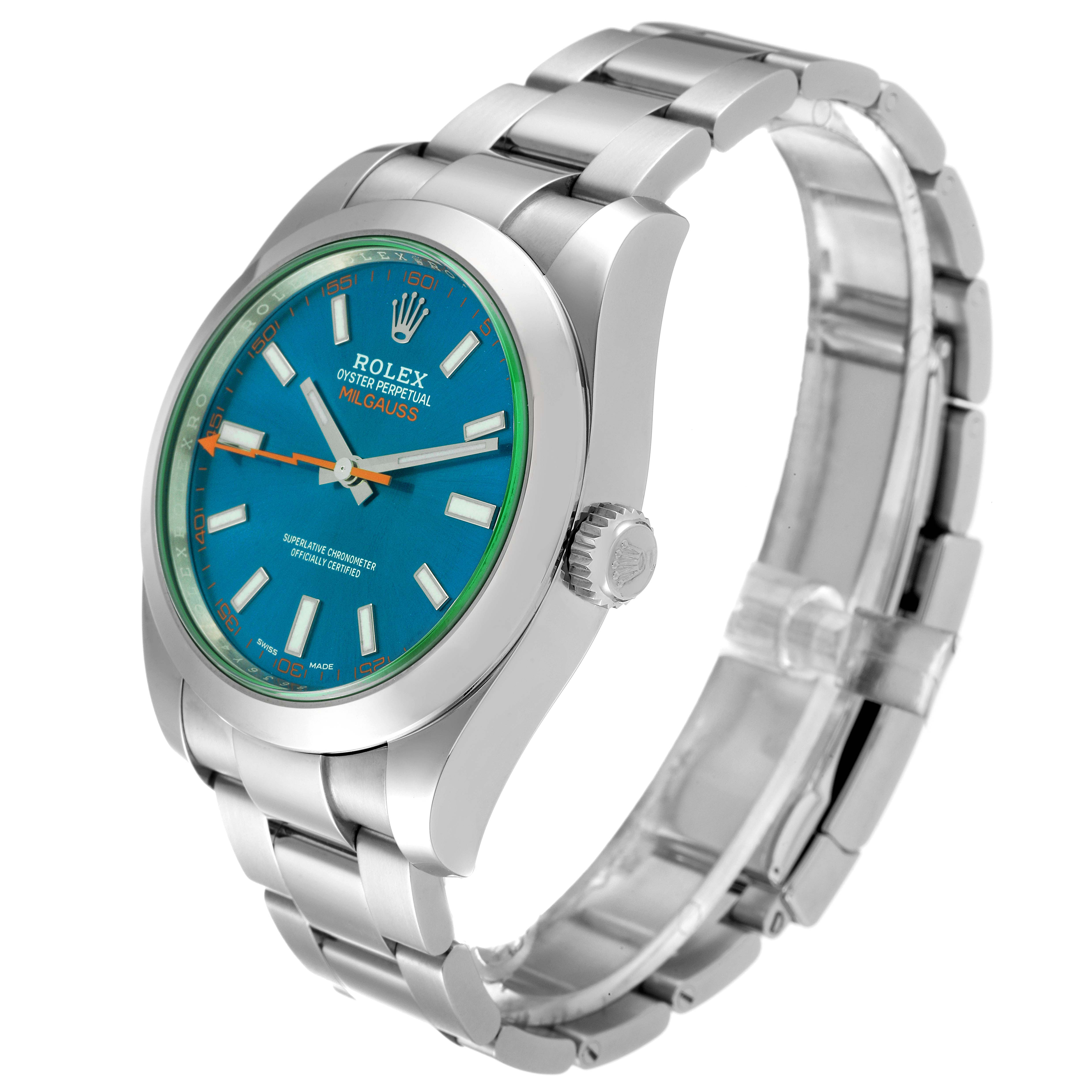The image shows a Rolex Milgauss 116400 Men
s Stainless Steel Blue Dial 116400 Men
s Stainless Steel Blue Dial watch at a three-quarter angle, highlighting the face, crown, and steel bracelet.