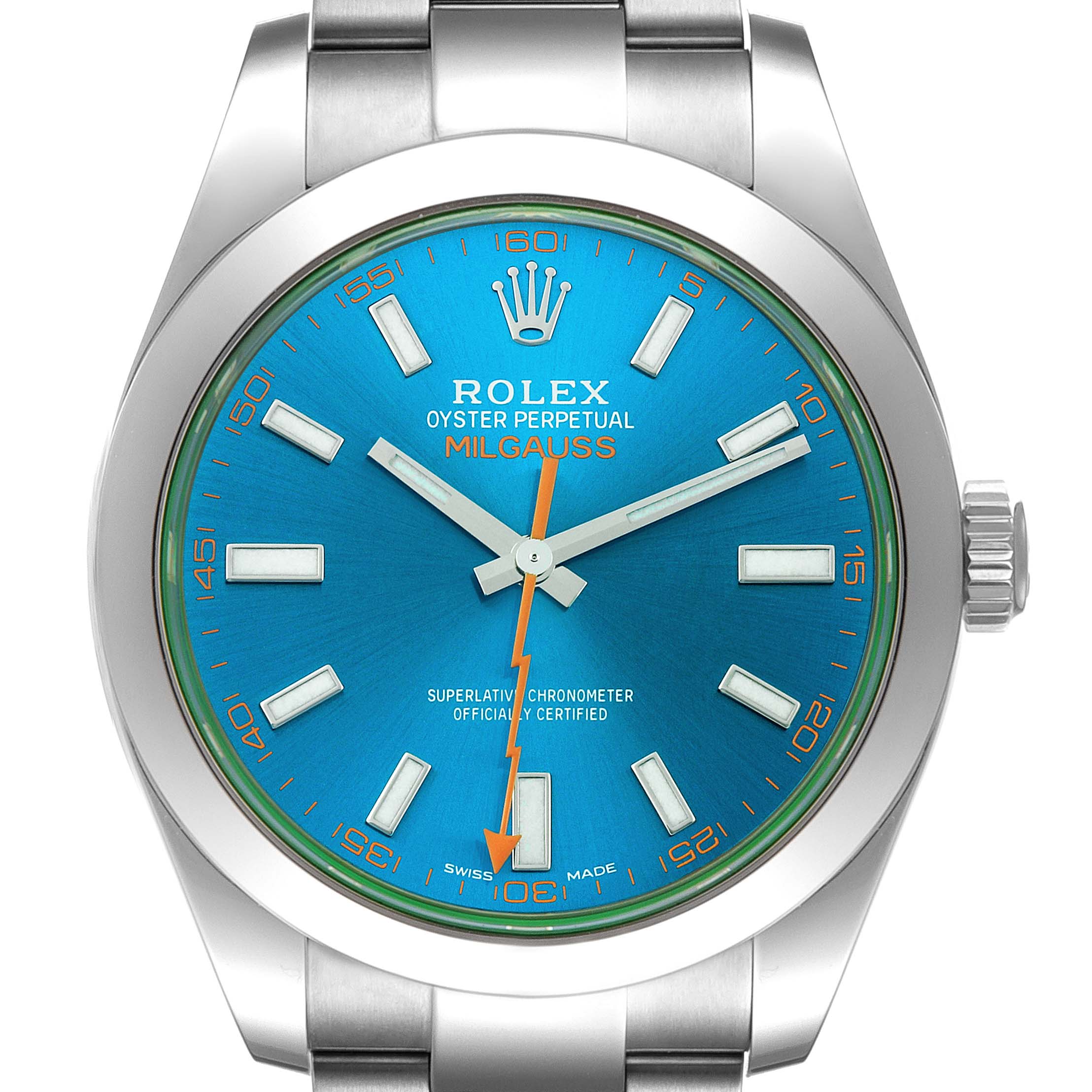 This image shows a front view of the Rolex Milgauss 116400 Men
s Stainless Steel Blue Dial 116400 Men
s Stainless Steel Blue Dial watch, displaying its blue dial, hour markers, hands, and part of the bracelet.
